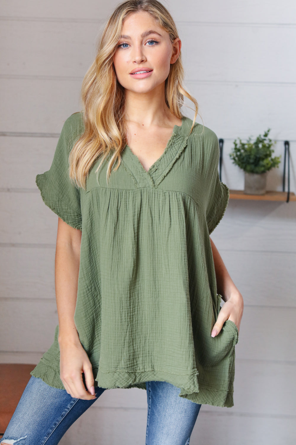 Olive Cotton Banded V Neck Frayed Pocketed Top