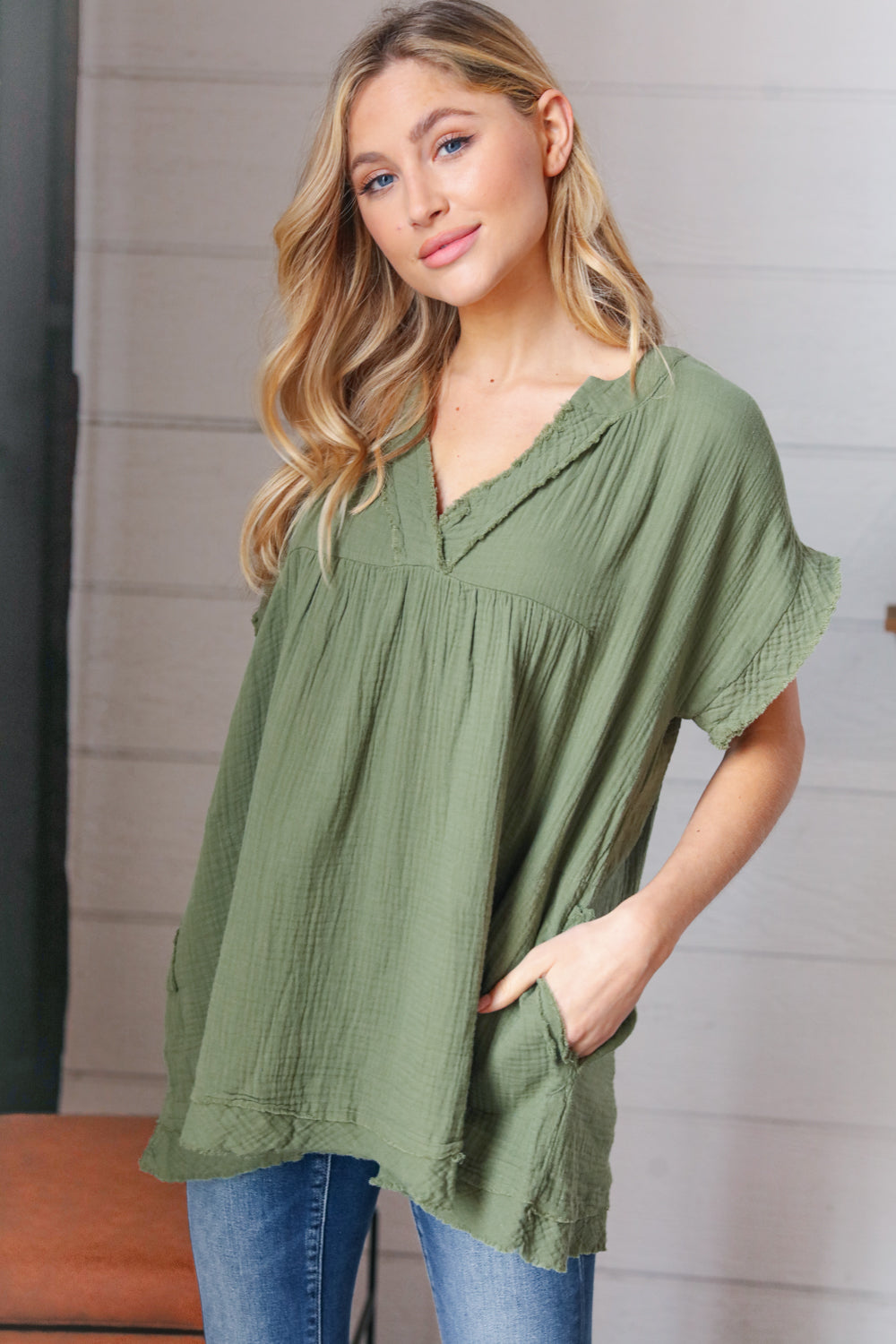 Olive Cotton Banded V Neck Frayed Pocketed Top