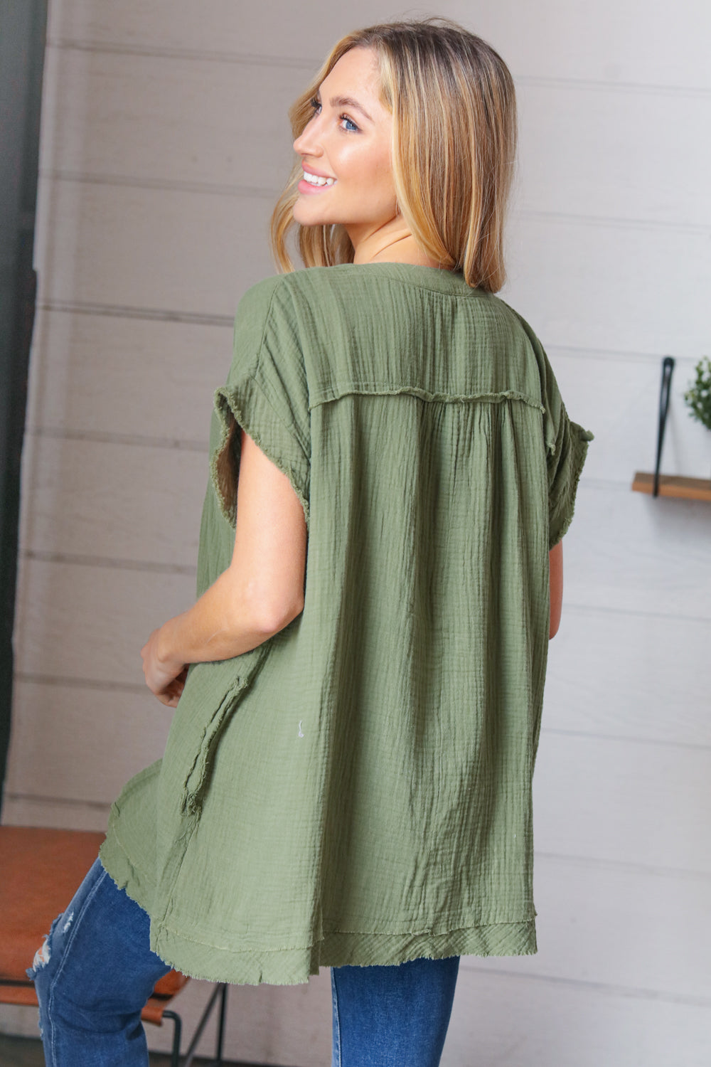 Olive Cotton Banded V Neck Frayed Pocketed Top