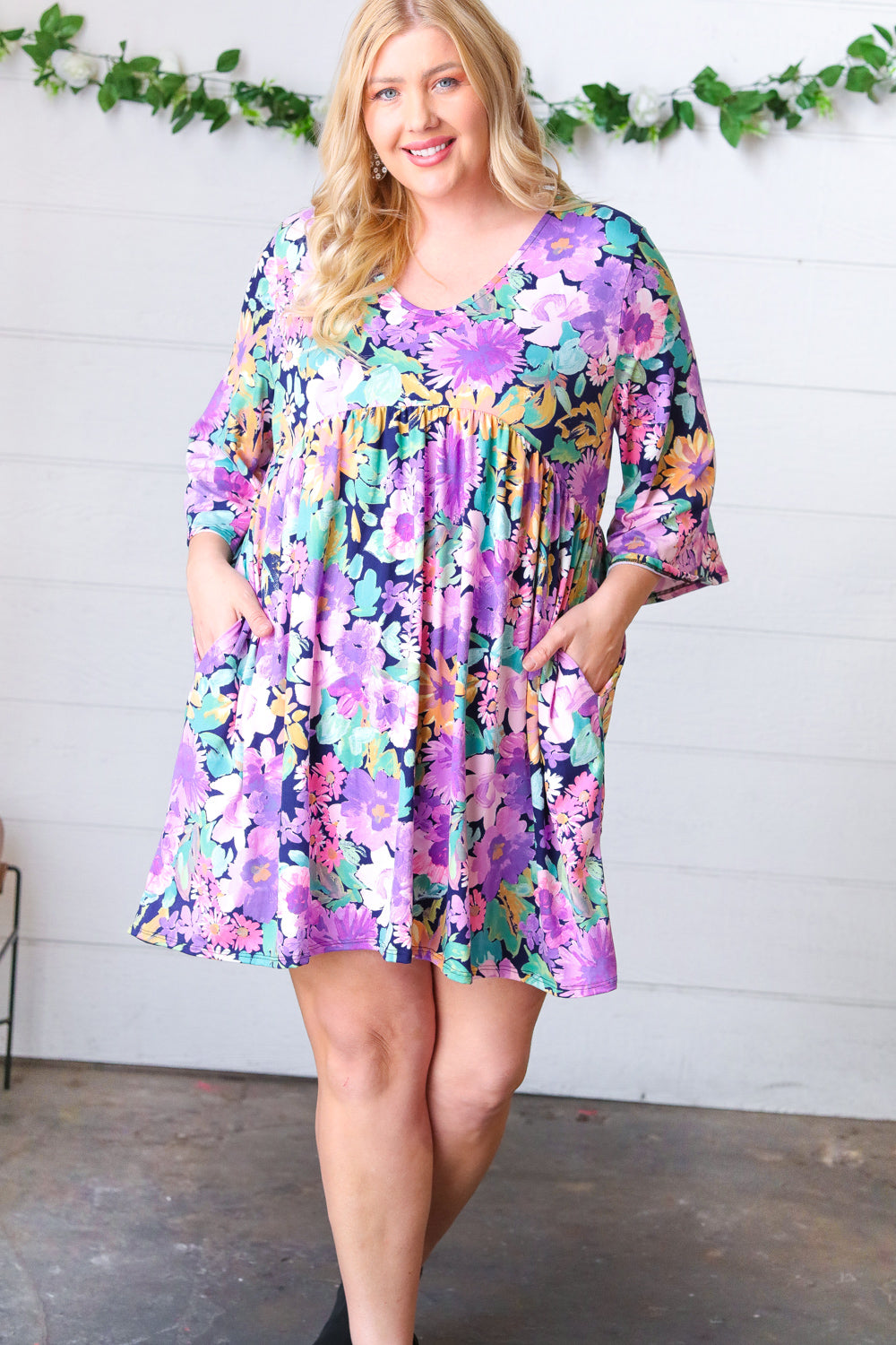 Mint Floral Babydoll Bell Sleeve Pocketed Dress