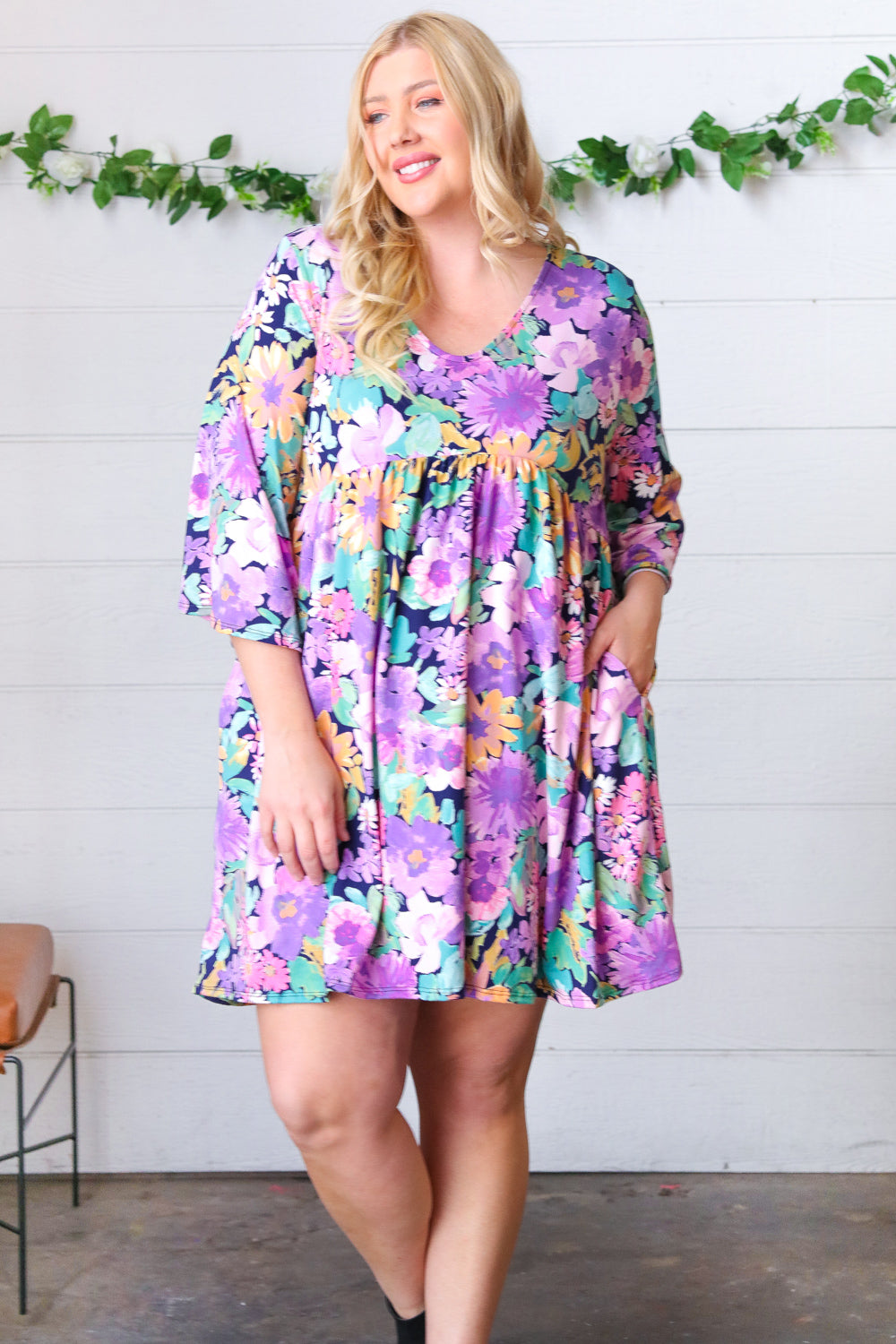 Mint Floral Babydoll Bell Sleeve Pocketed Dress