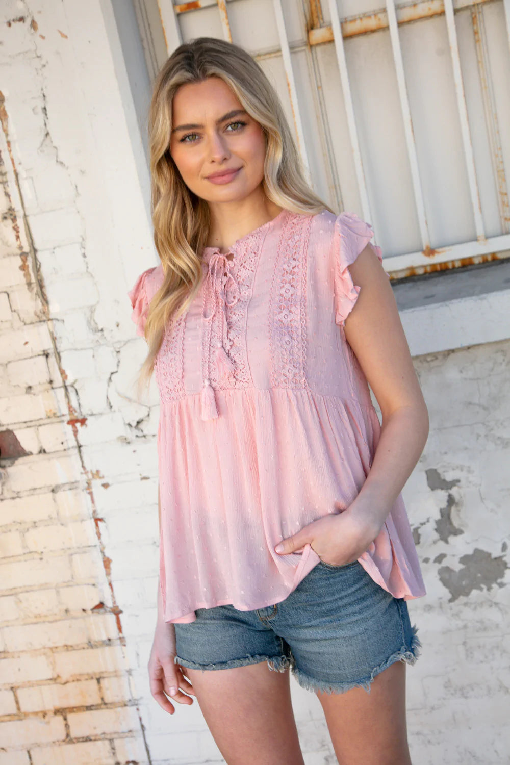 Blush Swiss Dot Crochet Lace Tassel Flutter Sleeve Top