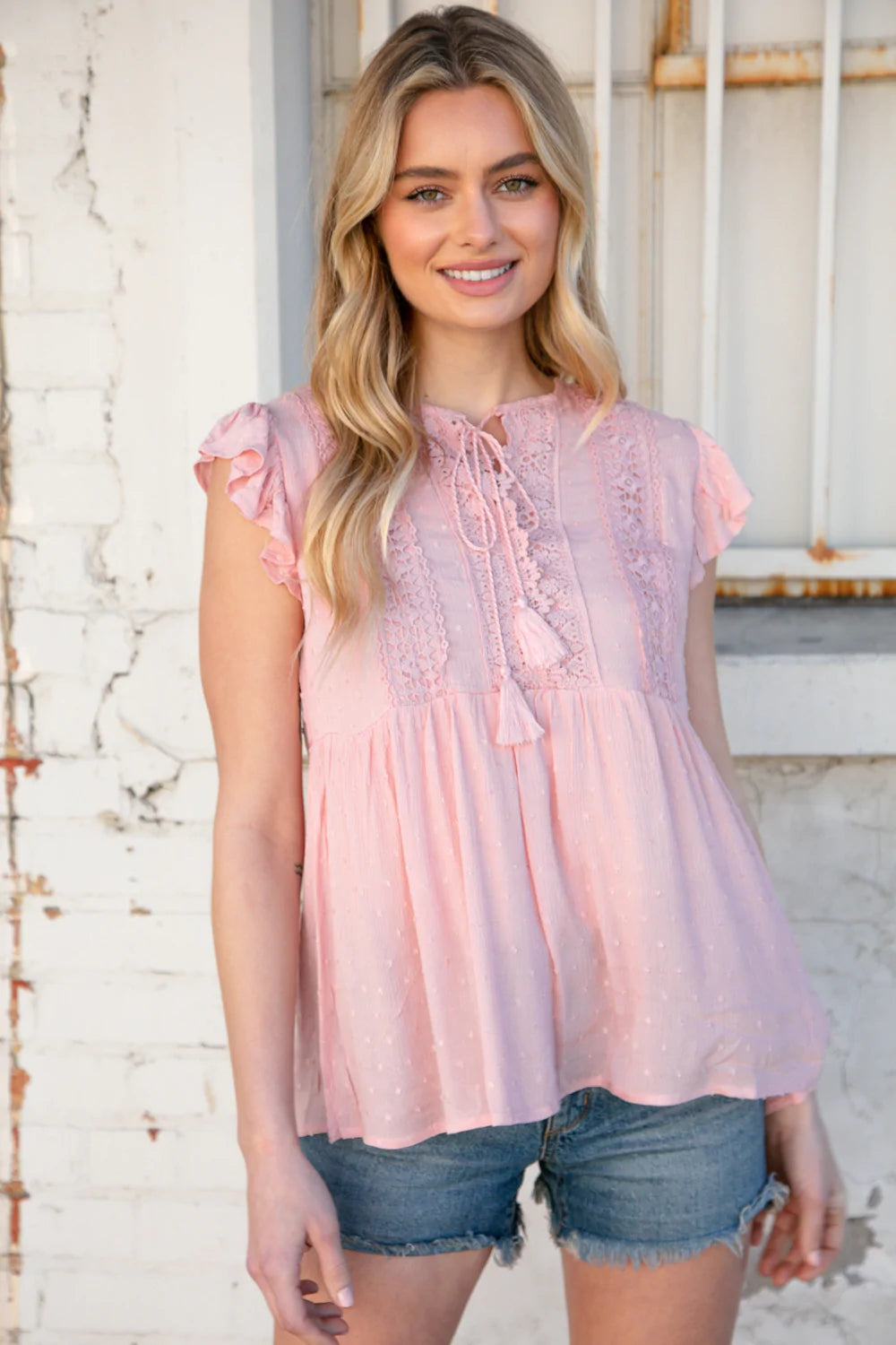 Blush Swiss Dot Crochet Lace Tassel Flutter Sleeve Top