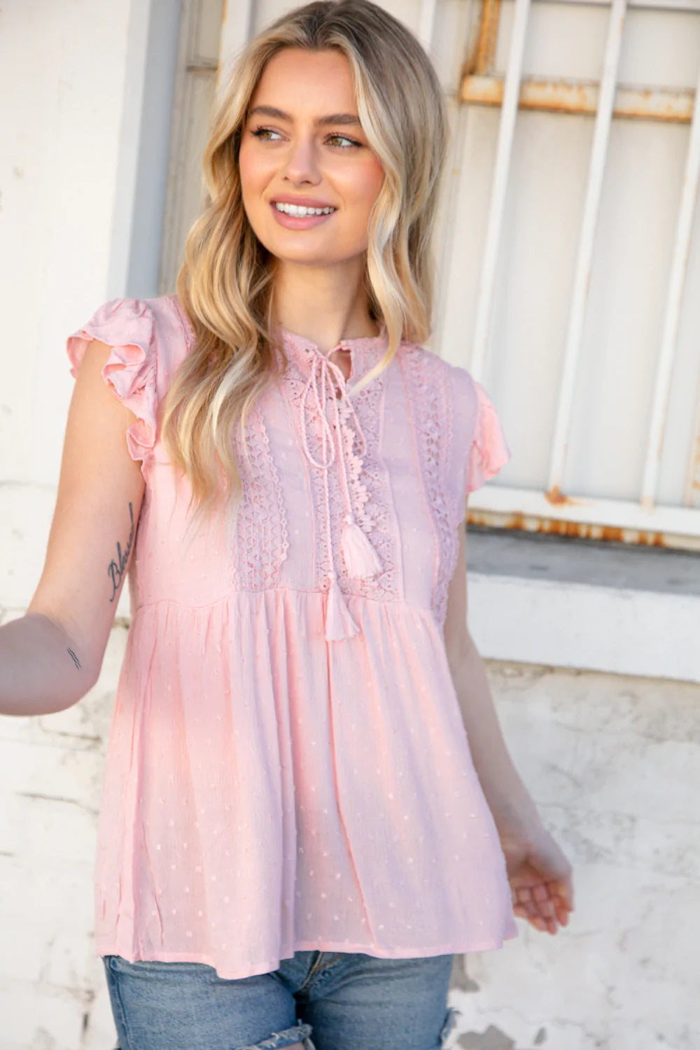 Blush Swiss Dot Crochet Lace Tassel Flutter Sleeve Top