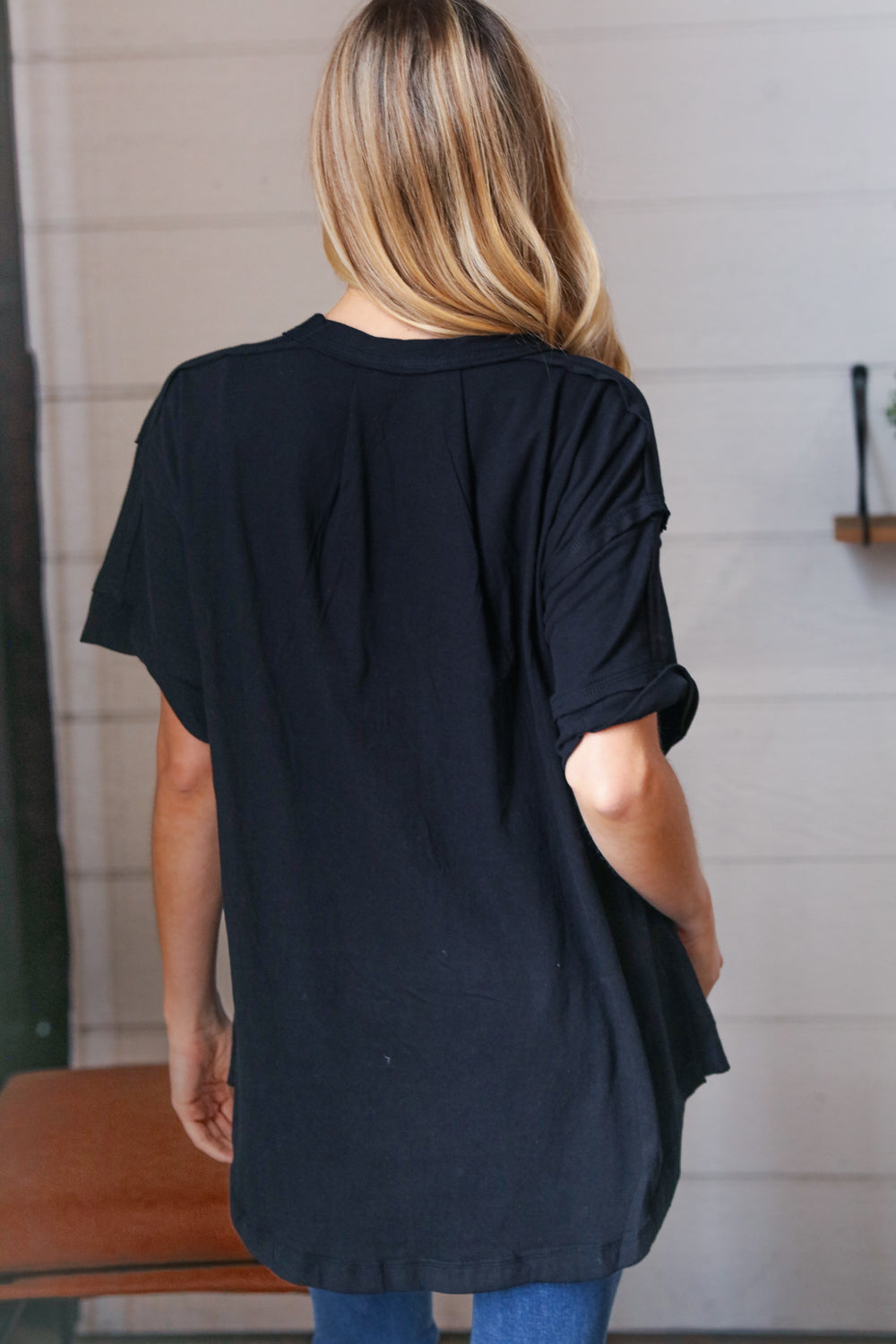 Cotton Button Placard Outseam Short Sleeve Top