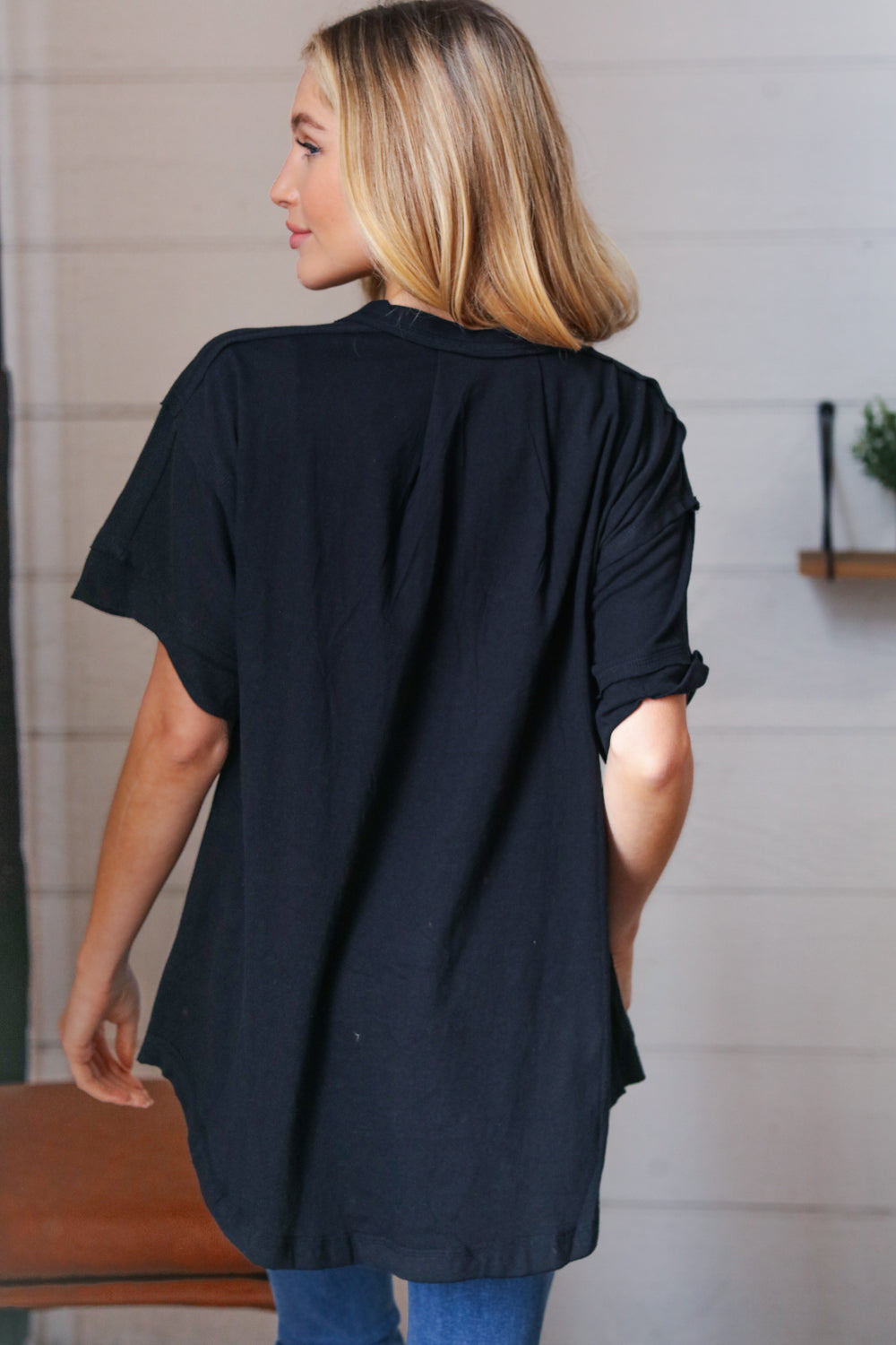 Cotton Button Placard Outseam Short Sleeve Top