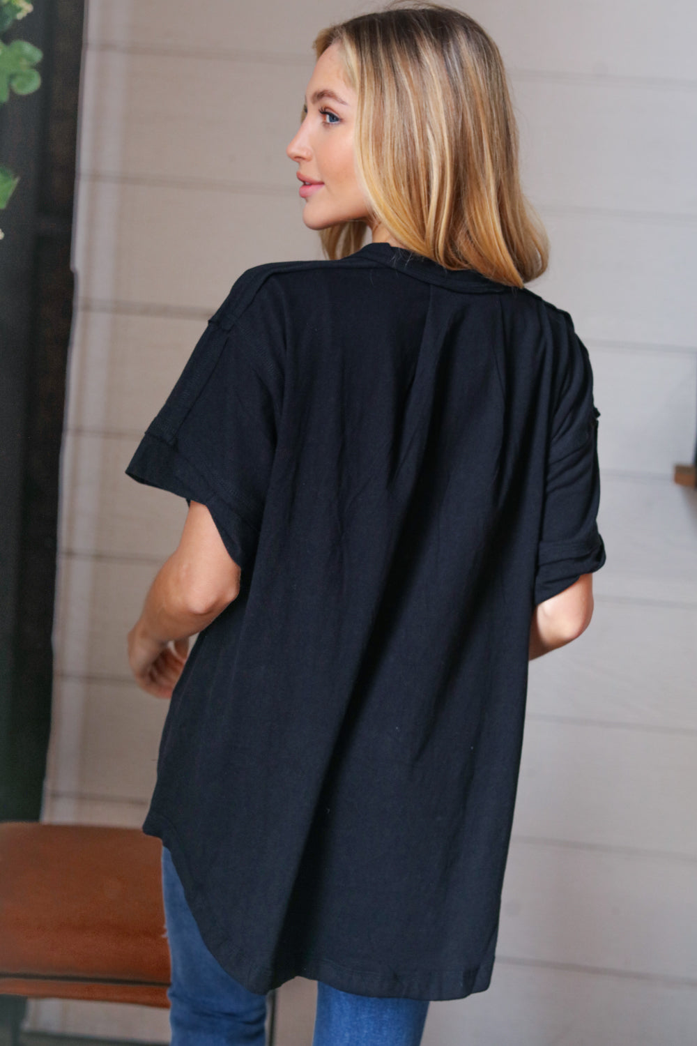 Cotton Button Placard Outseam Short Sleeve Top