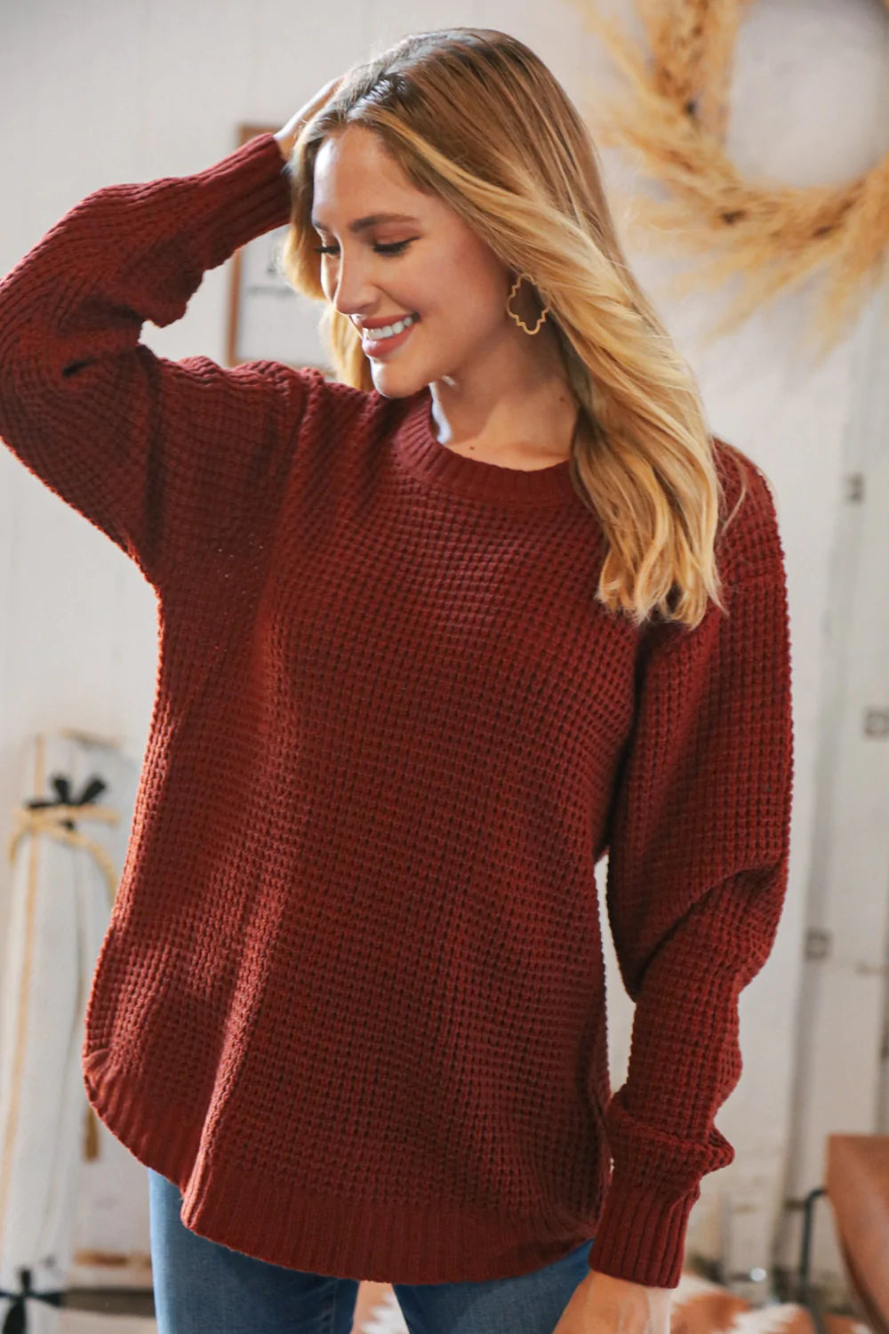 Dark Rust Waffle Knit Hi-Low Sweater