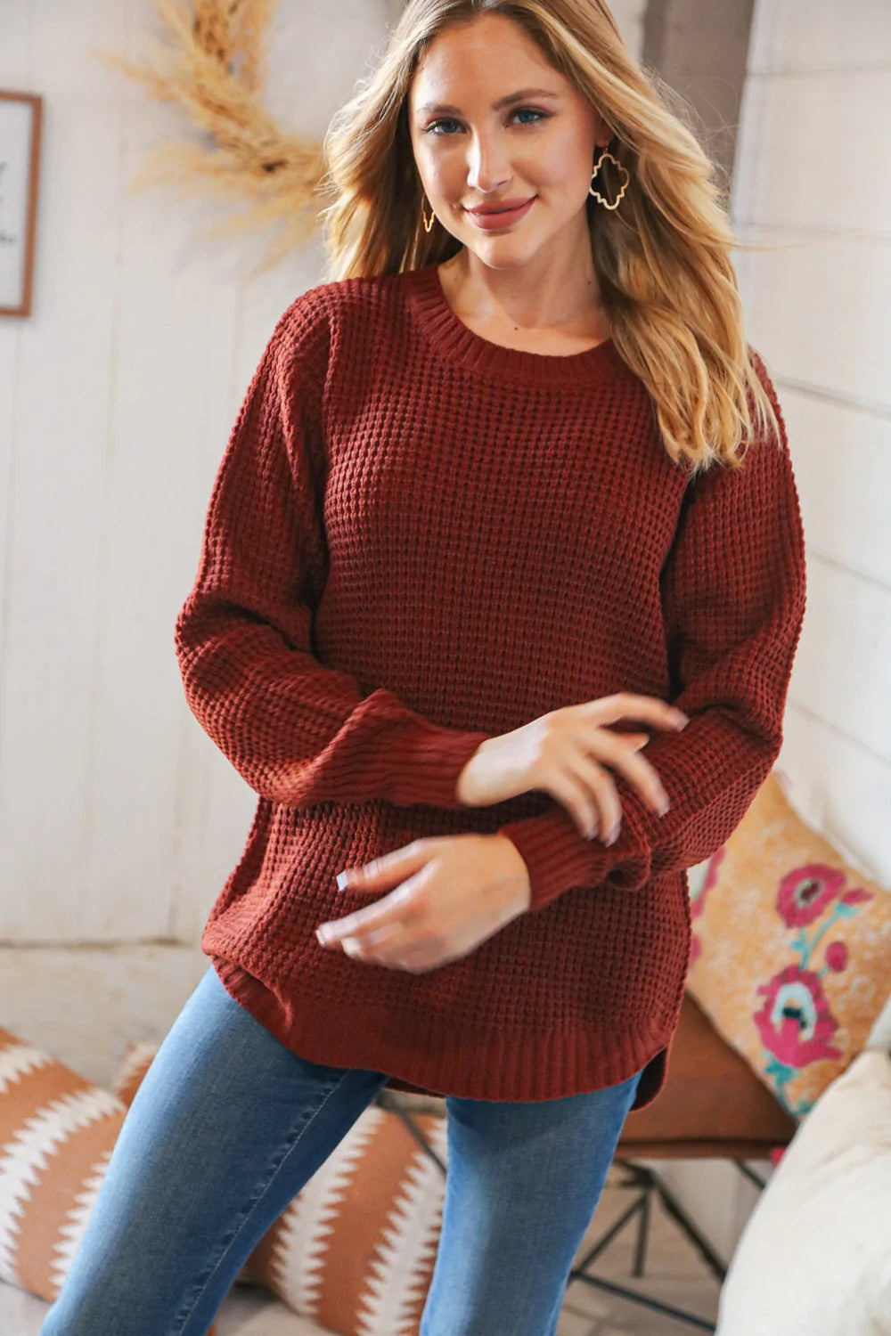 Dark Rust Waffle Knit Hi-Low Sweater