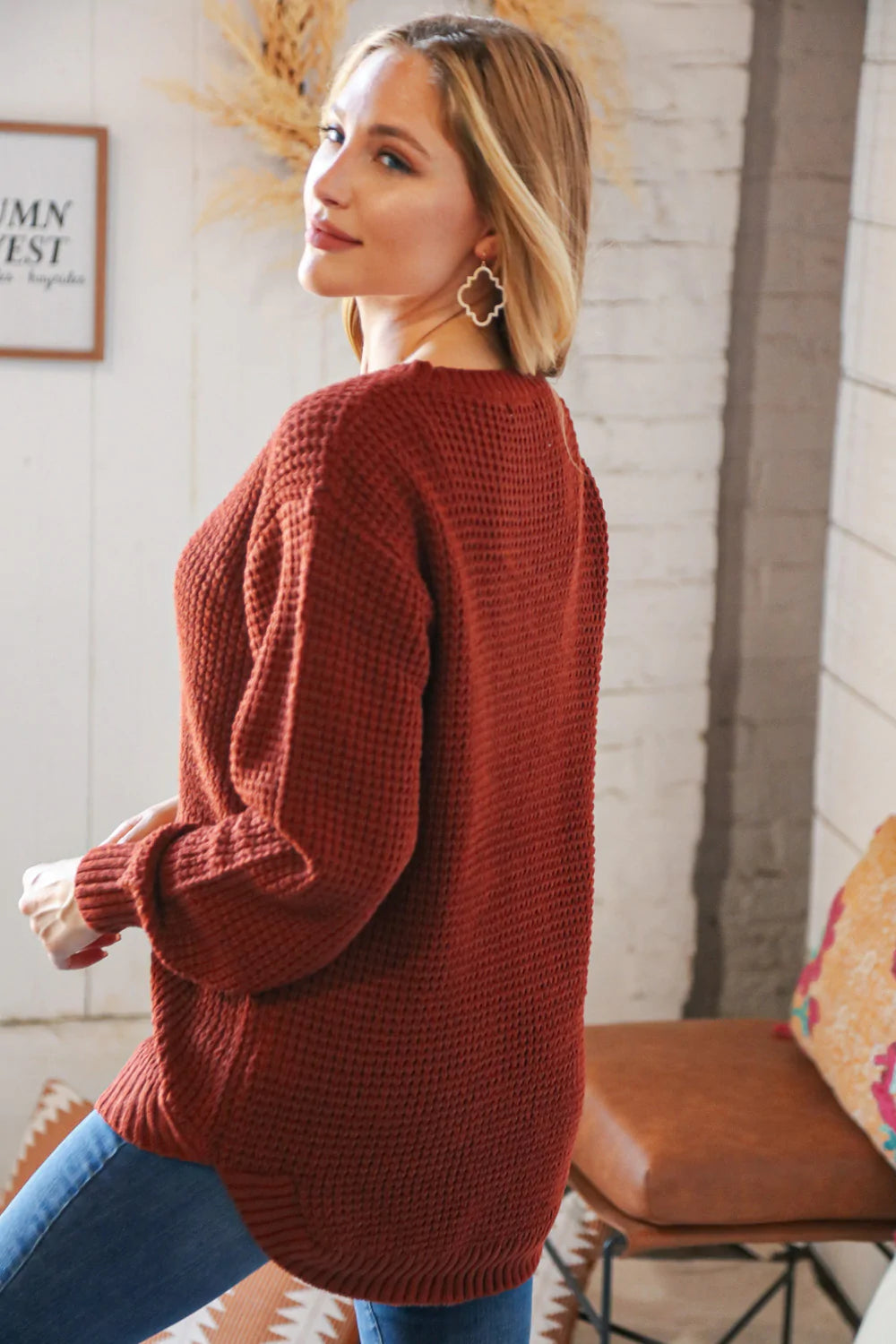 Dark Rust Waffle Knit Hi-Low Sweater