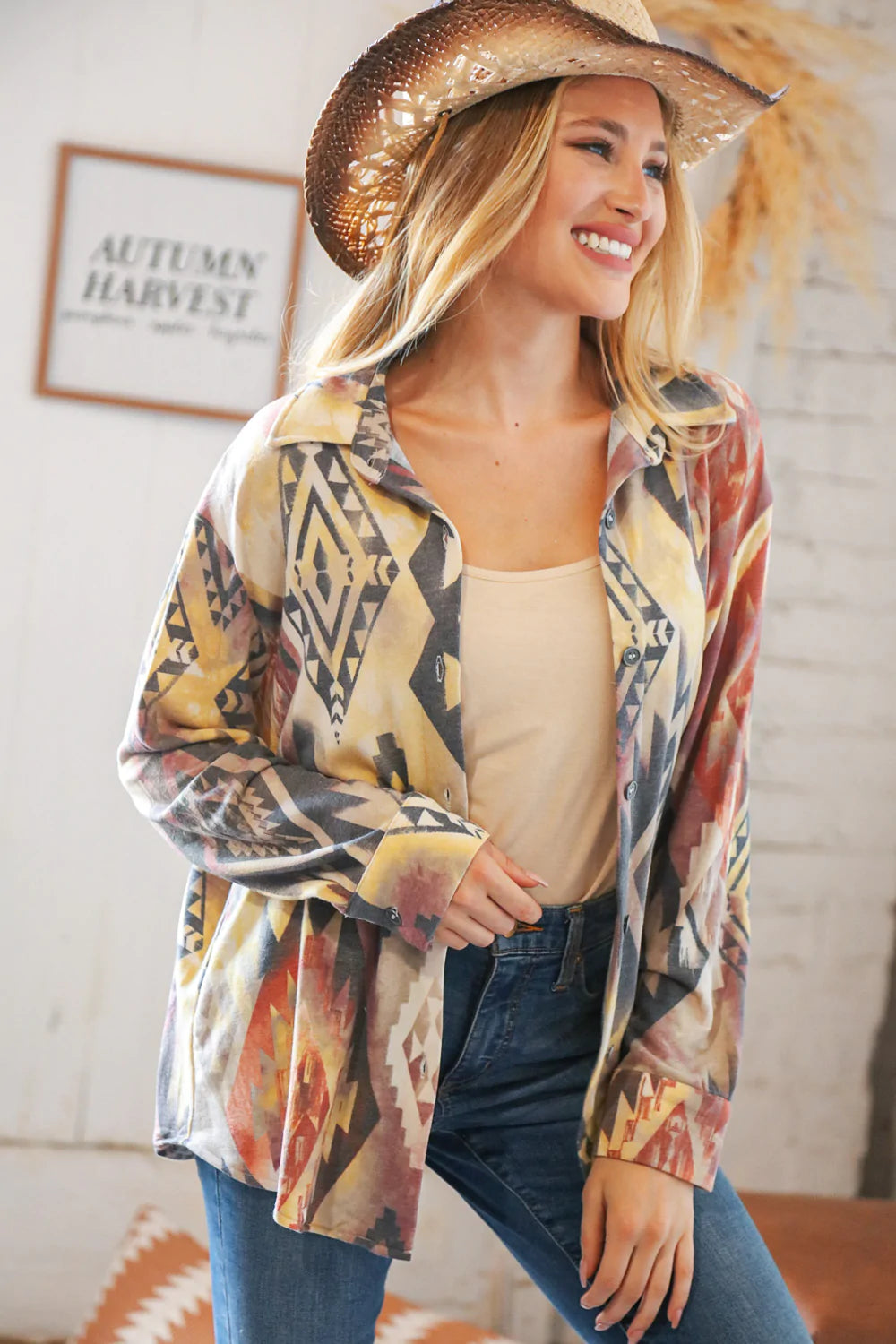 Mustard Aztec Terry Button Down Shirt Jacket