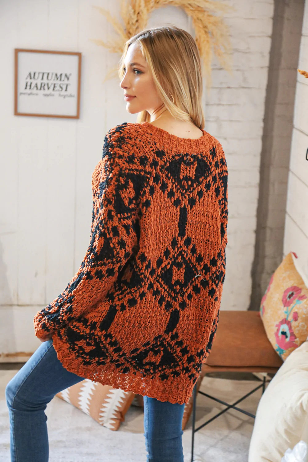 Rust Aztec V Neck Popcorn Knit Sweater