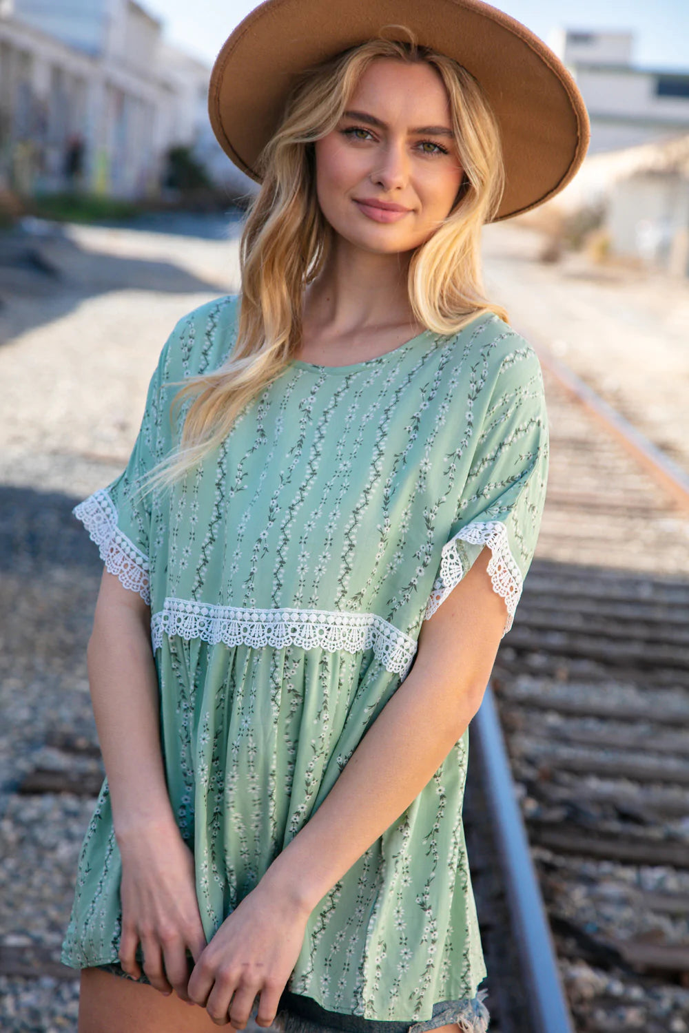 Sage Floral Challis Woven Short Sleeve Crochet Blouse