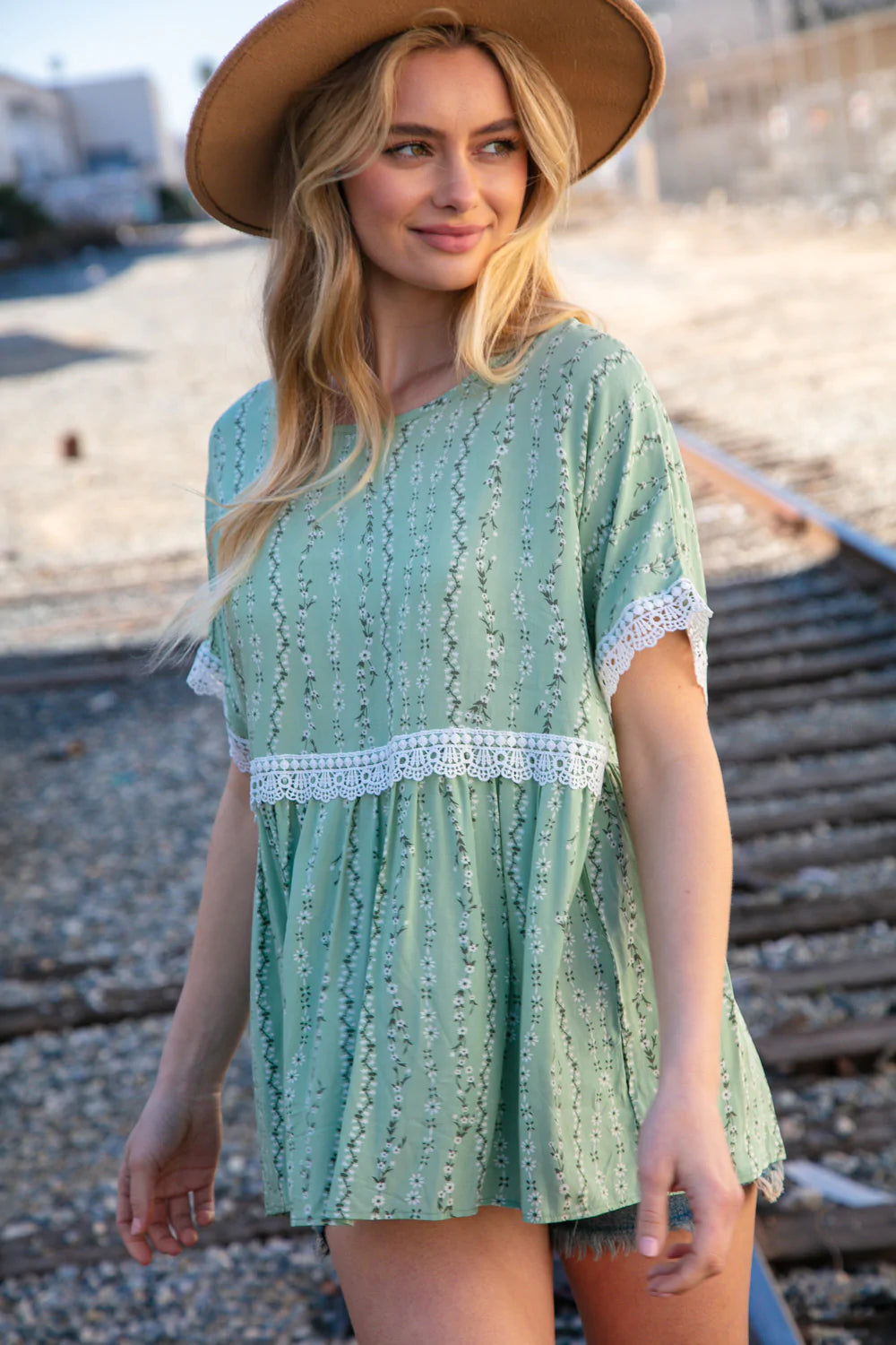 Sage Floral Challis Woven Short Sleeve Crochet Blouse