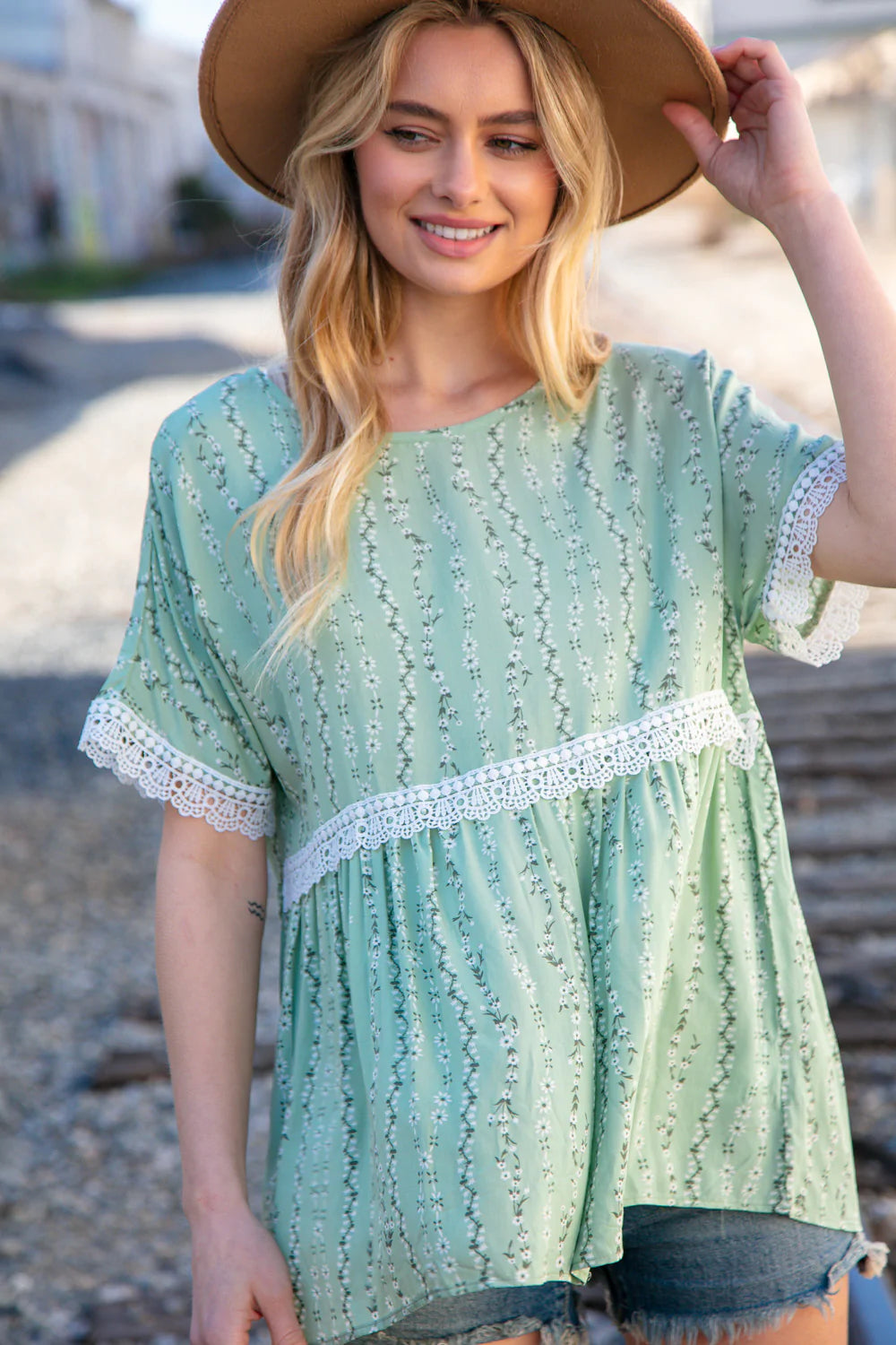 Sage Floral Challis Woven Short Sleeve Crochet Blouse