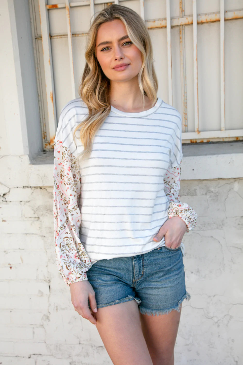 Stripe & Challis Floral Scarf Print Drop Sleeve Top