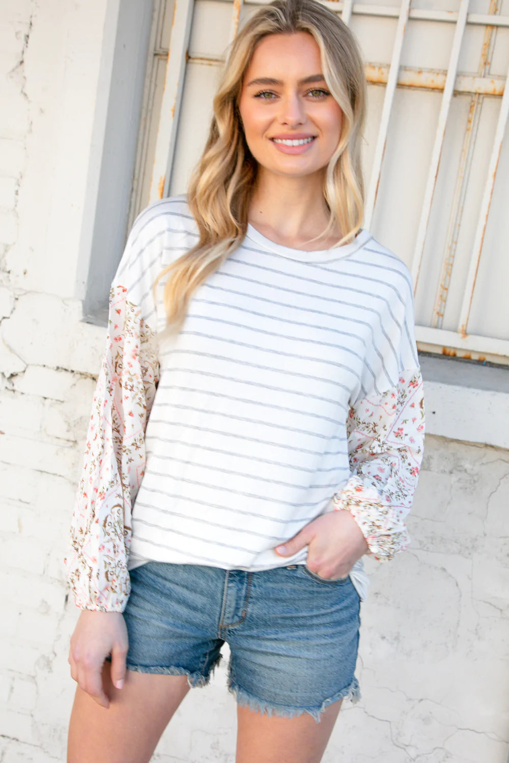 Stripe & Challis Floral Scarf Print Drop Sleeve Top