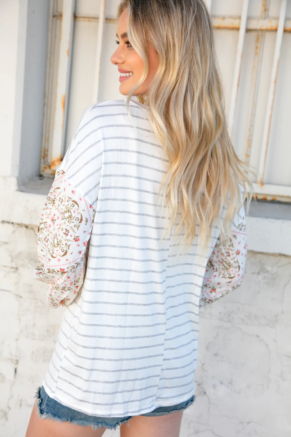 Stripe & Challis Floral Scarf Print Drop Sleeve Top