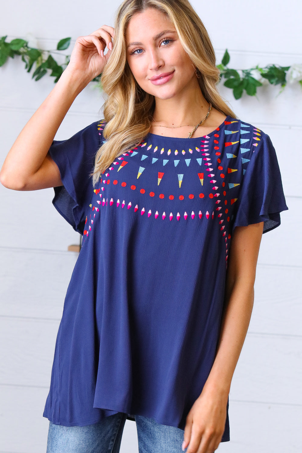 Navy Geometric Embroidered Flutter Sleeve Top