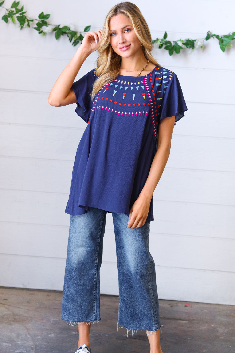 Navy Geometric Embroidered Flutter Sleeve Top