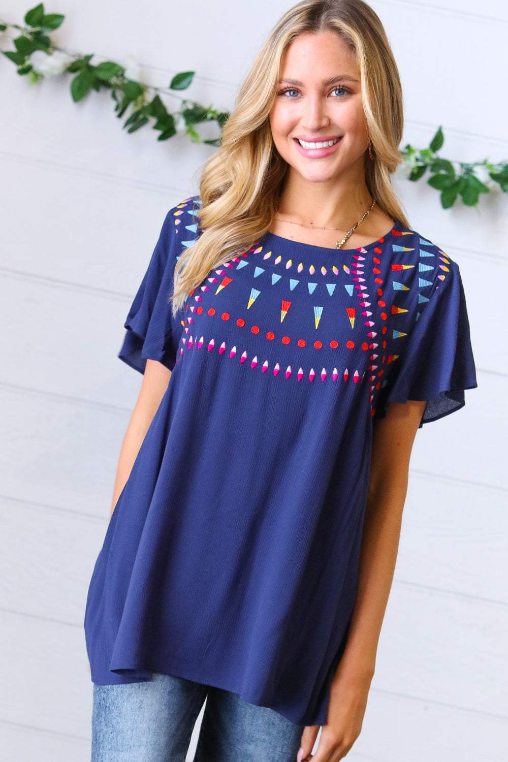 Navy Geometric Embroidered Flutter Sleeve Top