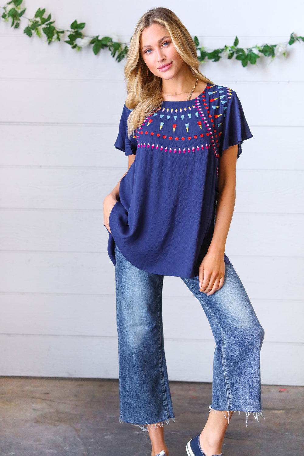 Navy Geometric Embroidered Flutter Sleeve Top