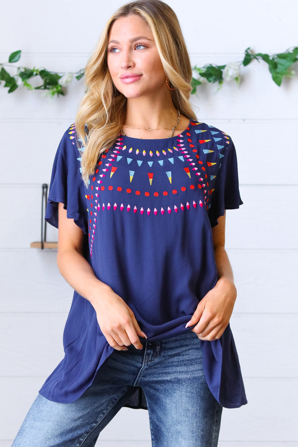 Navy Geometric Embroidered Flutter Sleeve Top