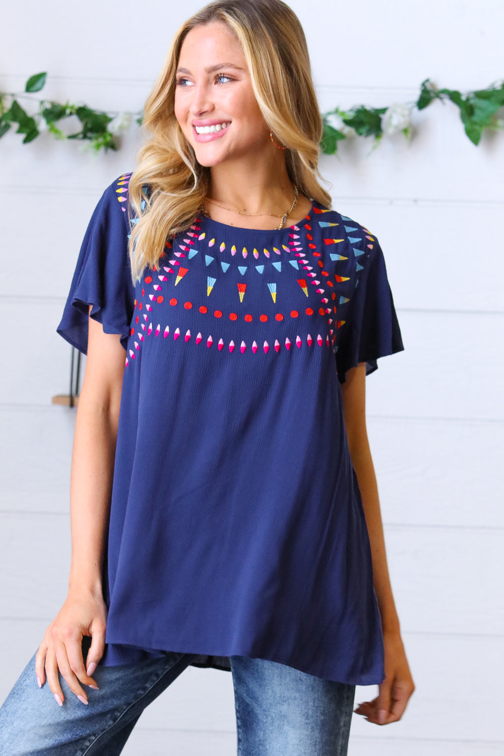 Navy Geometric Embroidered Flutter Sleeve Top