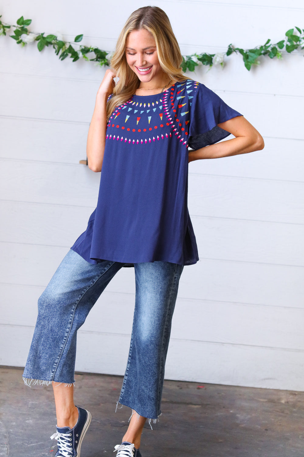 Navy Geometric Embroidered Flutter Sleeve Top