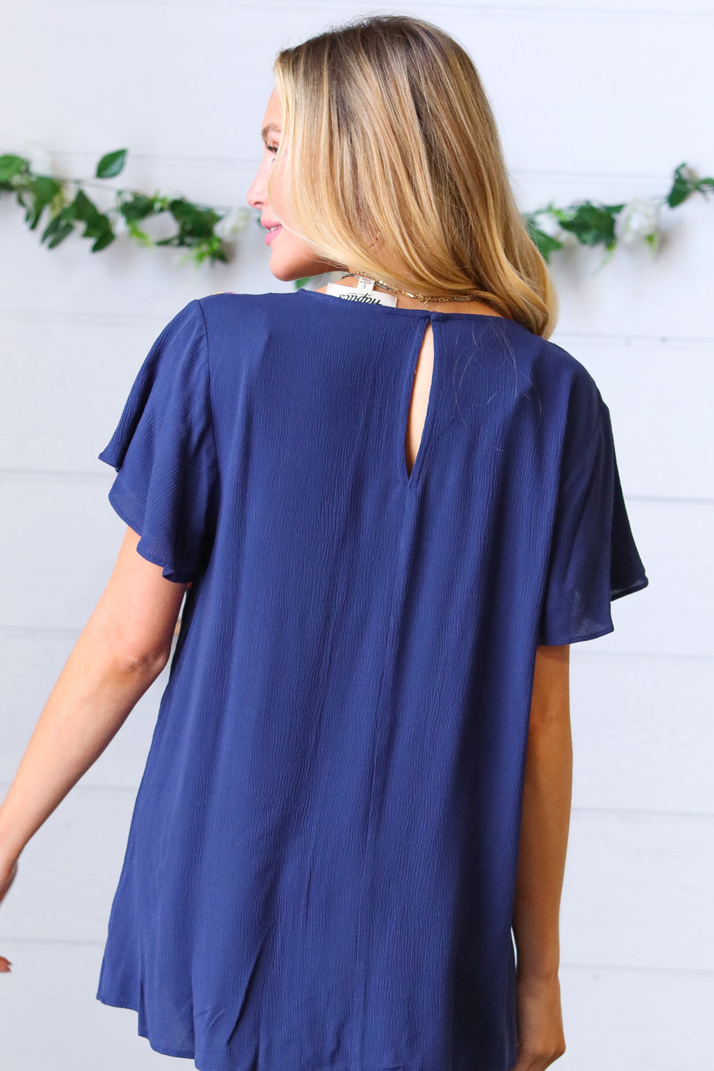 Navy Geometric Embroidered Flutter Sleeve Top