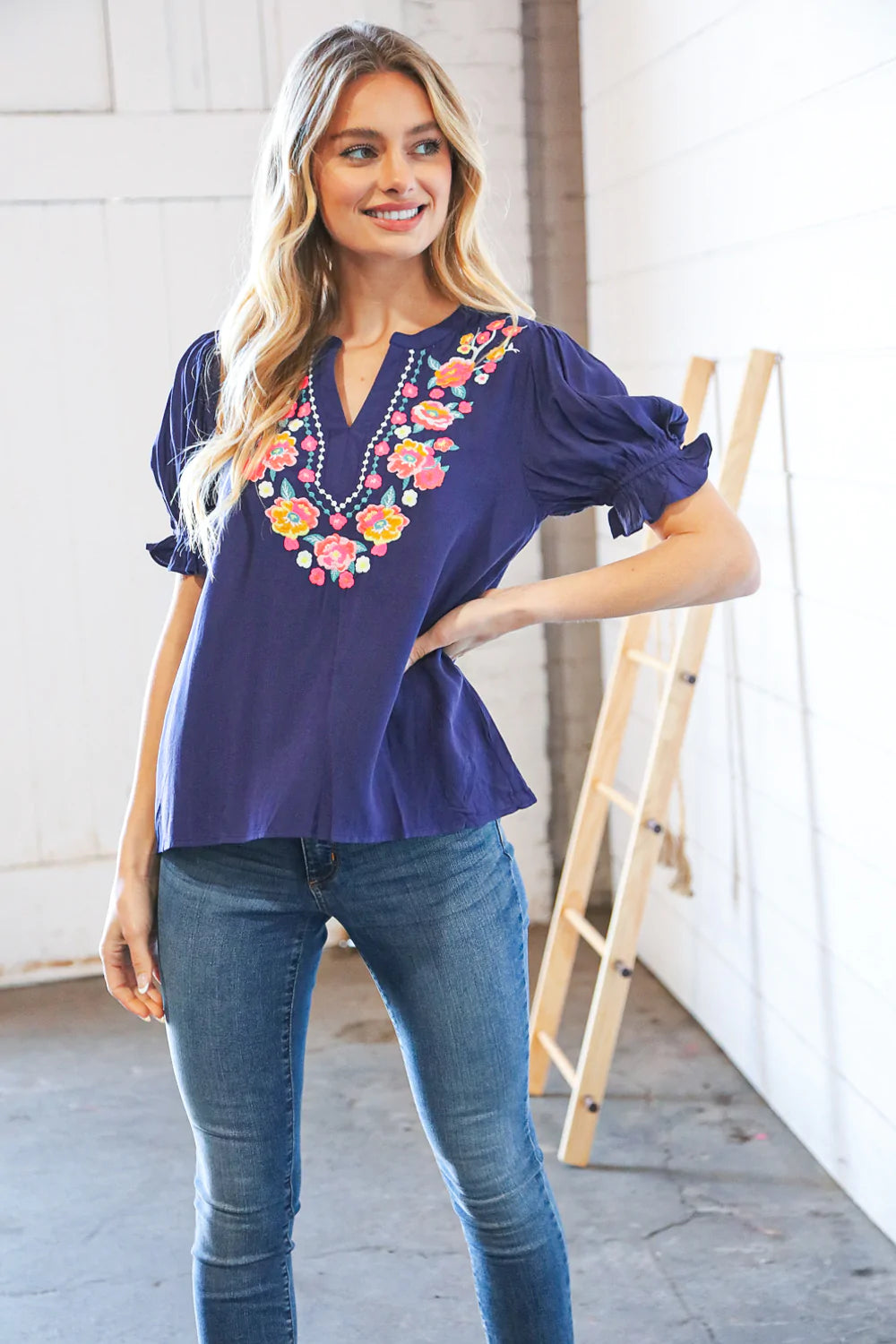 Navy Linen Embroidered Short Bubble Sleeve Top