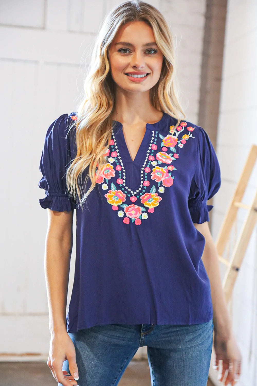 Navy Linen Embroidered Short Bubble Sleeve Top