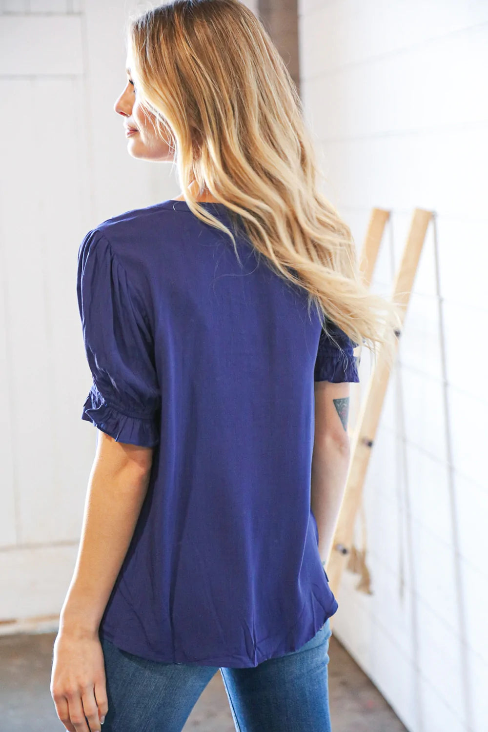 Navy Linen Embroidered Short Bubble Sleeve Top