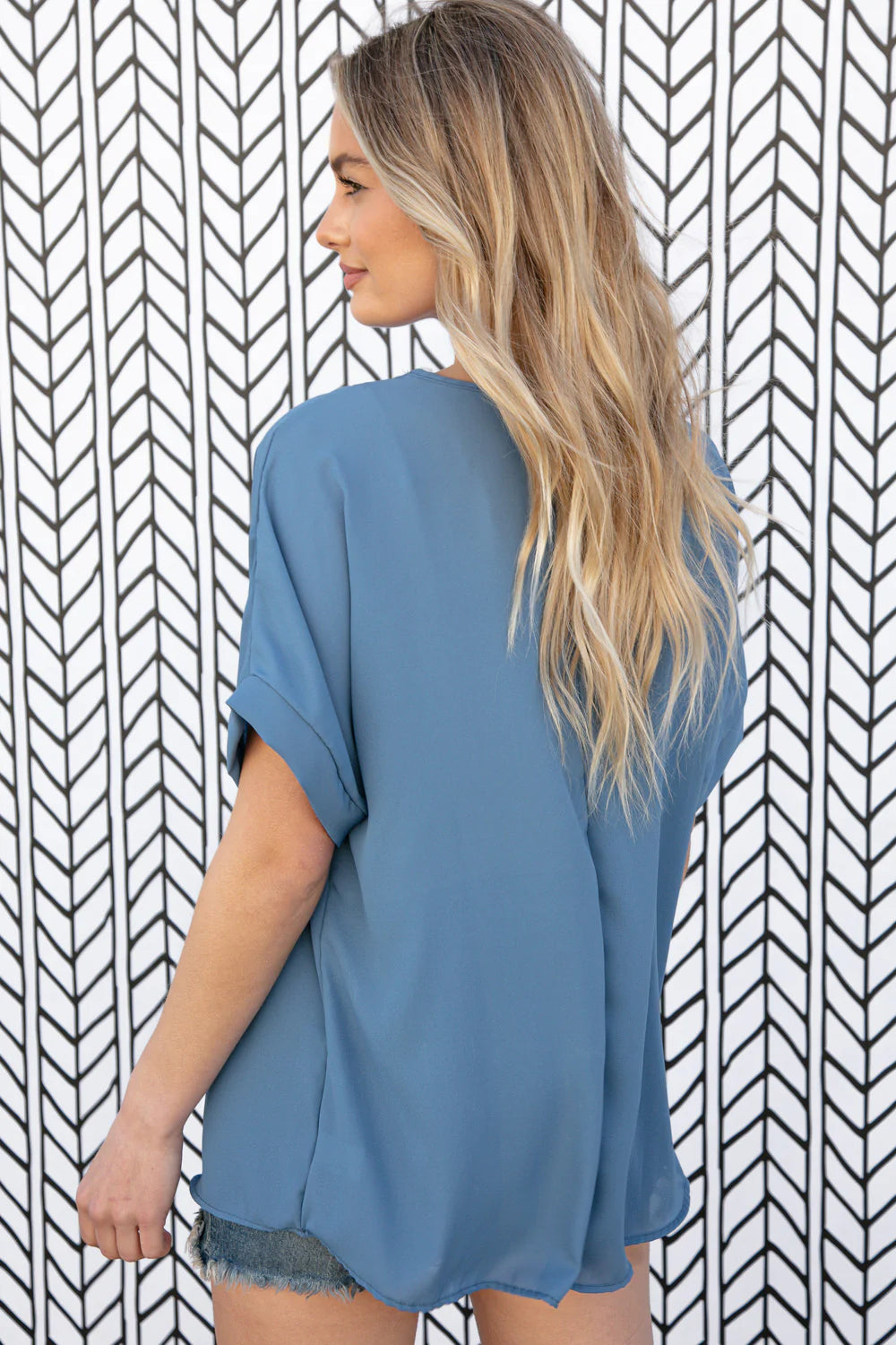 Dusty Blue V Neck Banded Dolman Woven Blouse