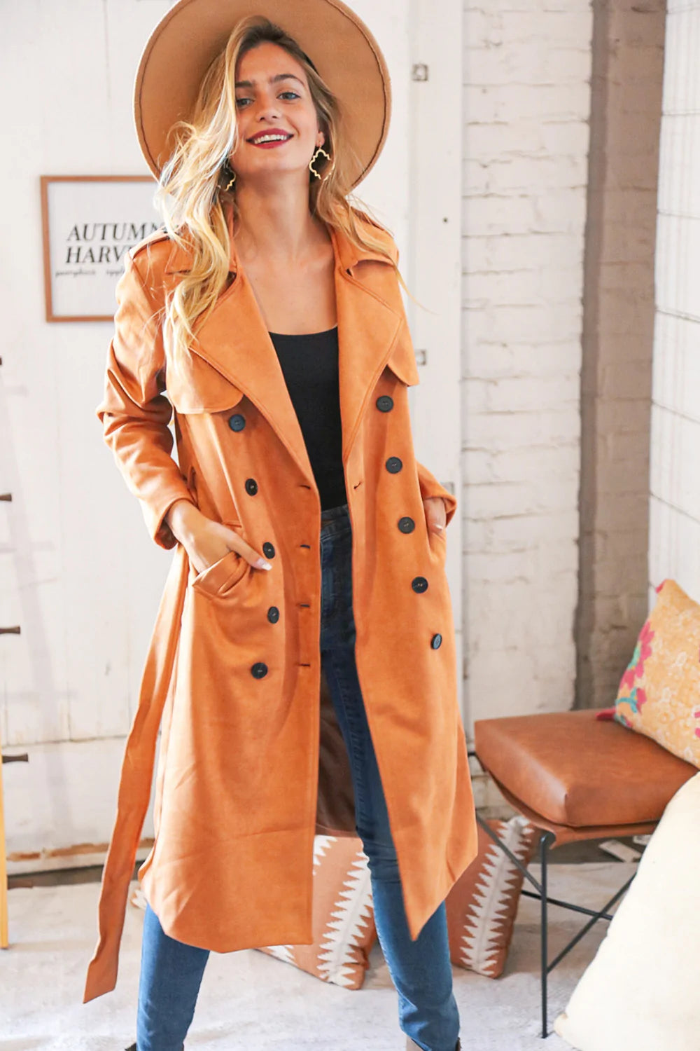 Rust Suede Double Breasted Belted Trench Coat