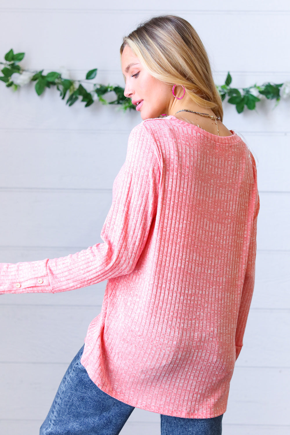 Coral Rib Lace V Neck Button Detail Top