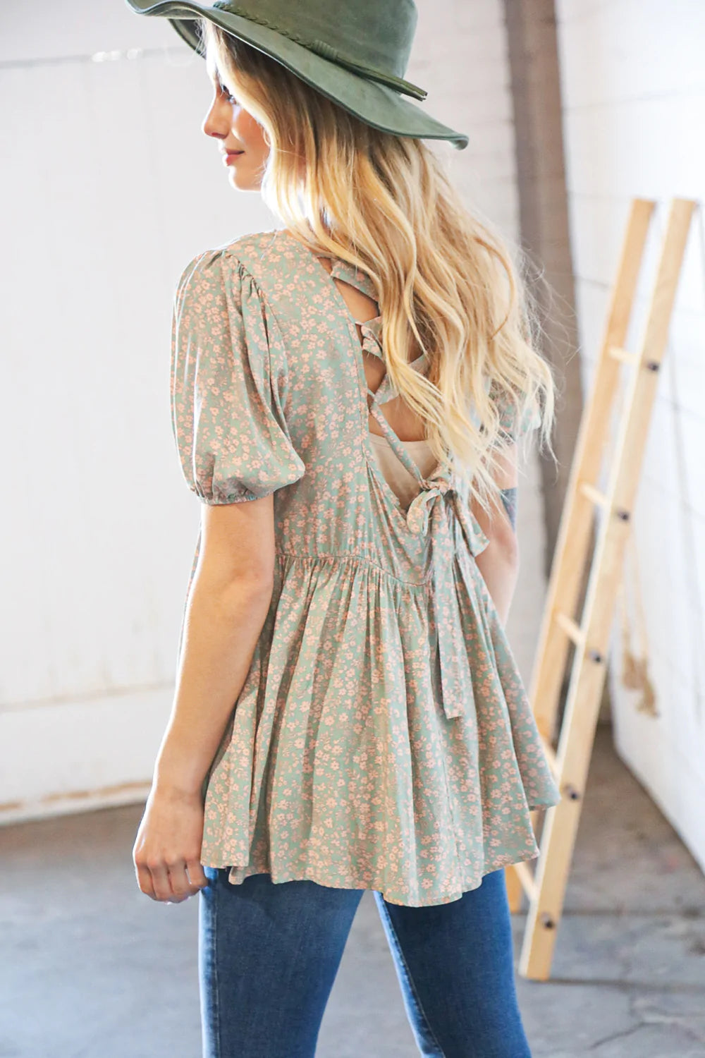 Sage Floral Babydoll Back Lace-Up Tie Blouse