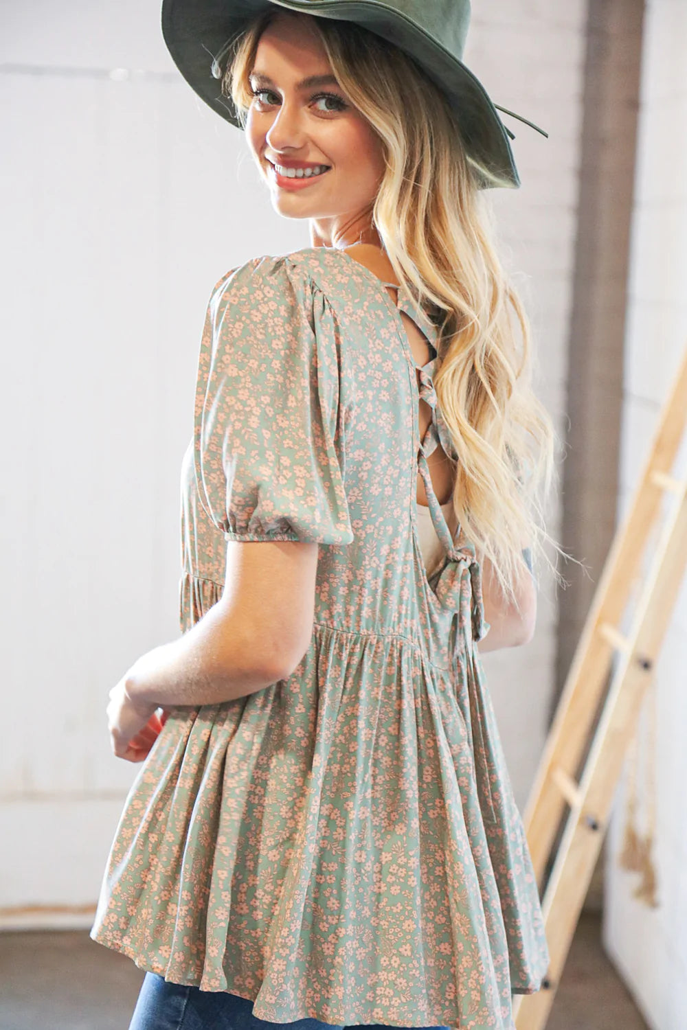 Sage Floral Babydoll Back Lace-Up Tie Blouse