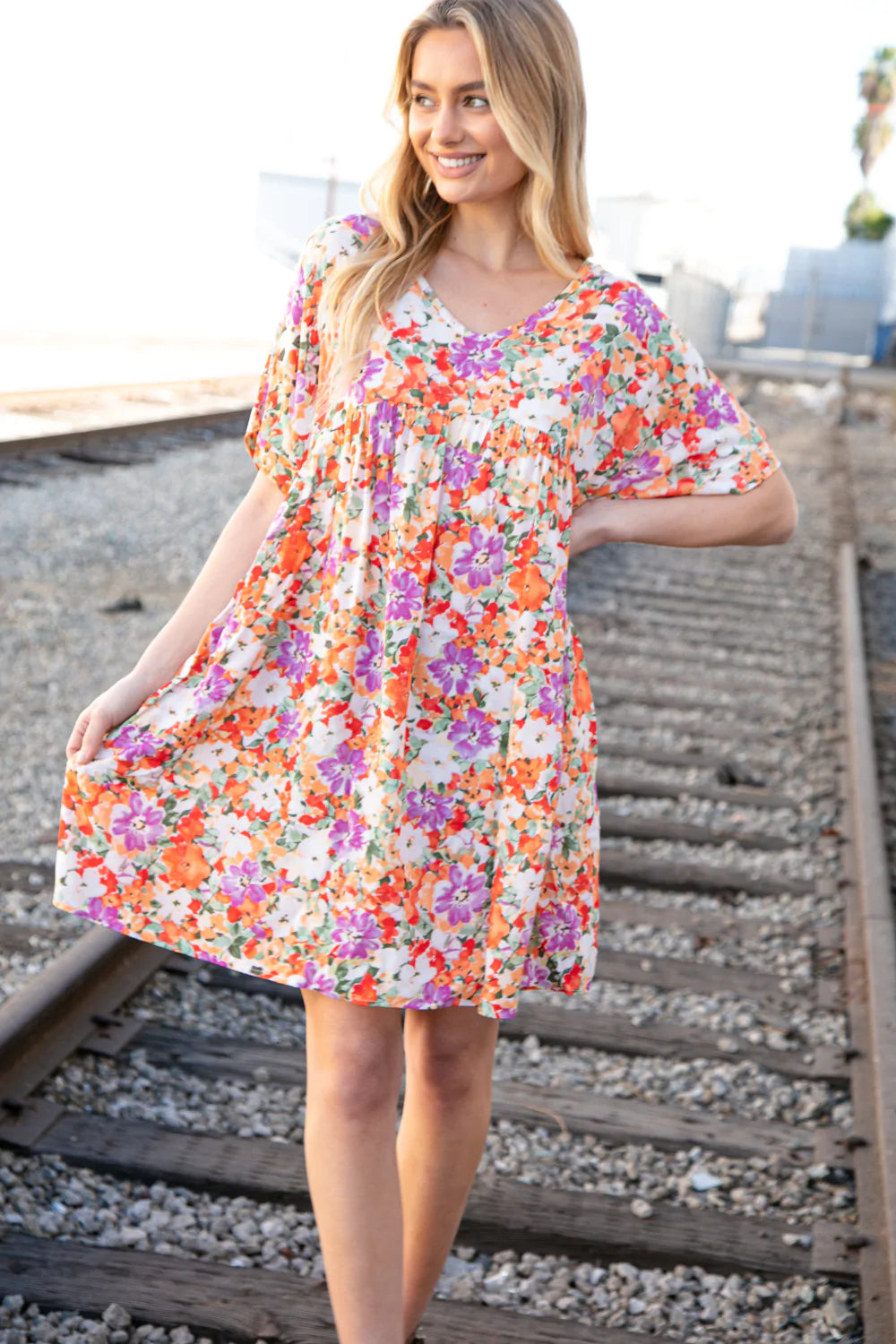 Floral Dolman Yoke Woven Shift Dress with Pockets