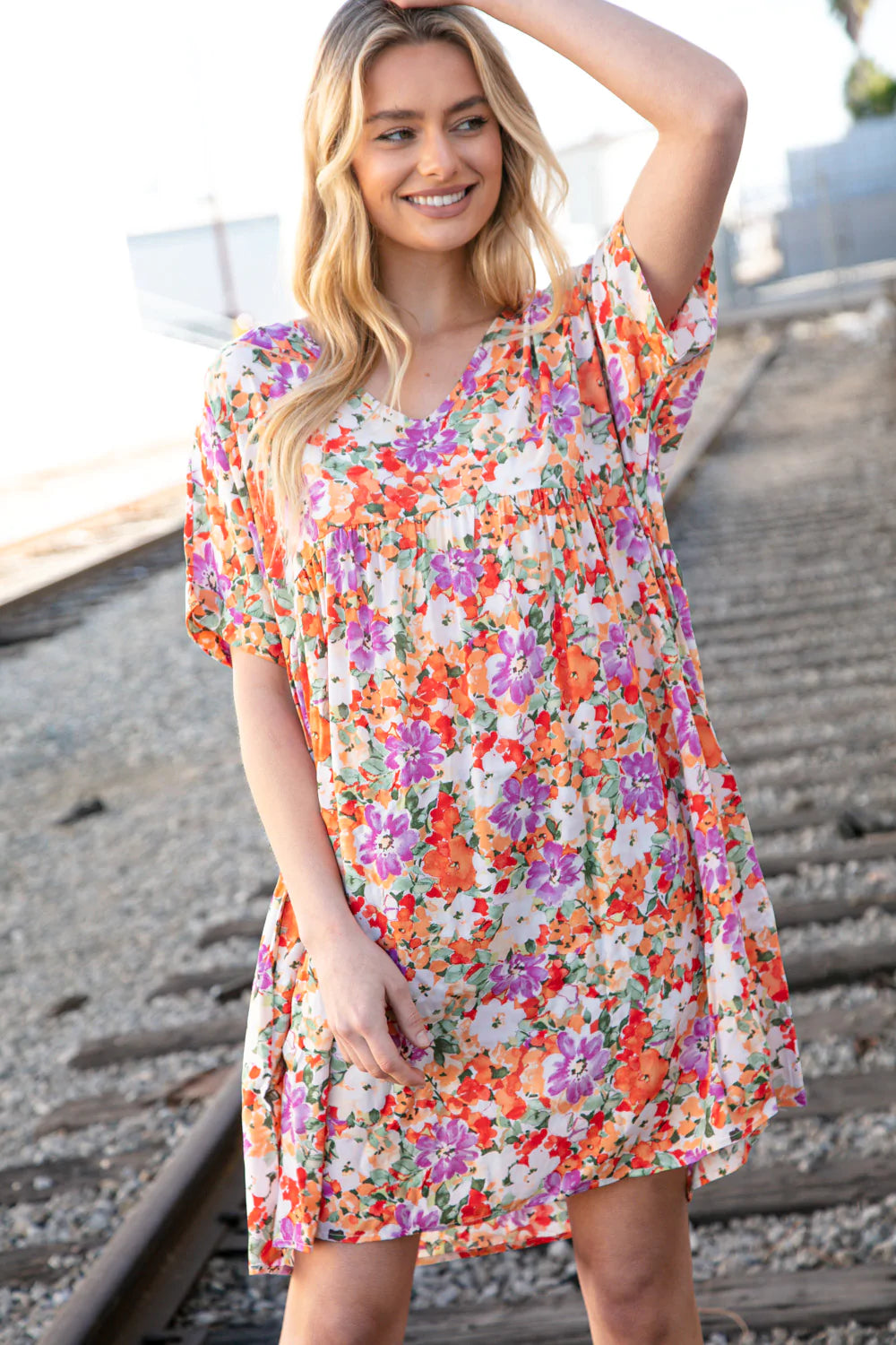 Floral Dolman Yoke Woven Shift Dress with Pockets