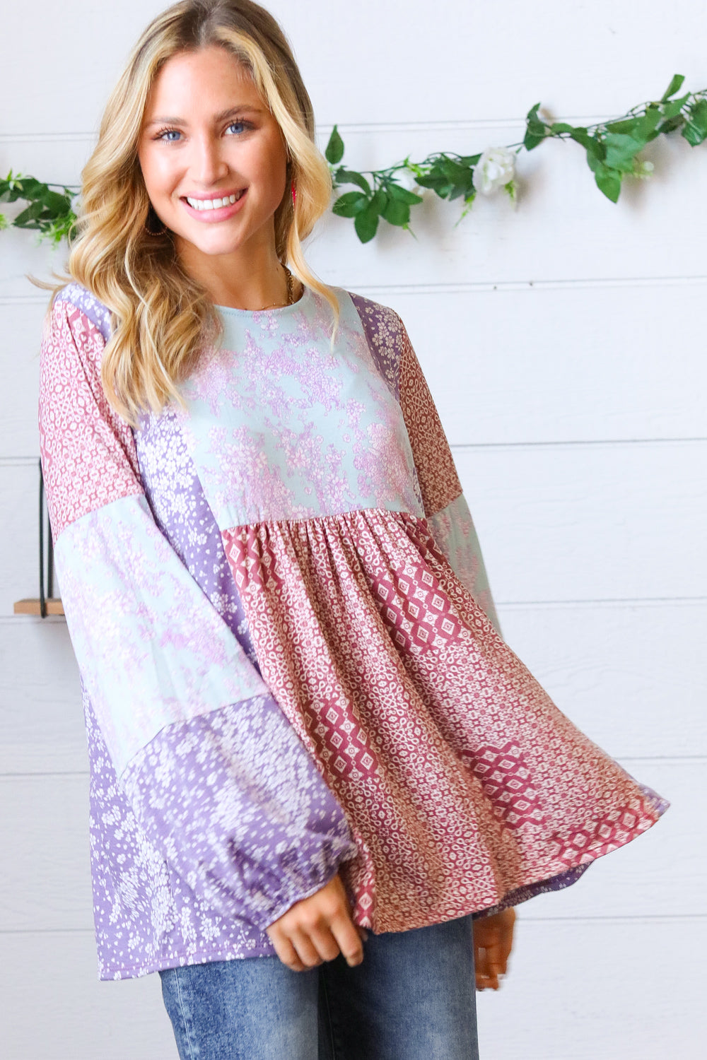 Lavender & Mauve Floral Color Block Top