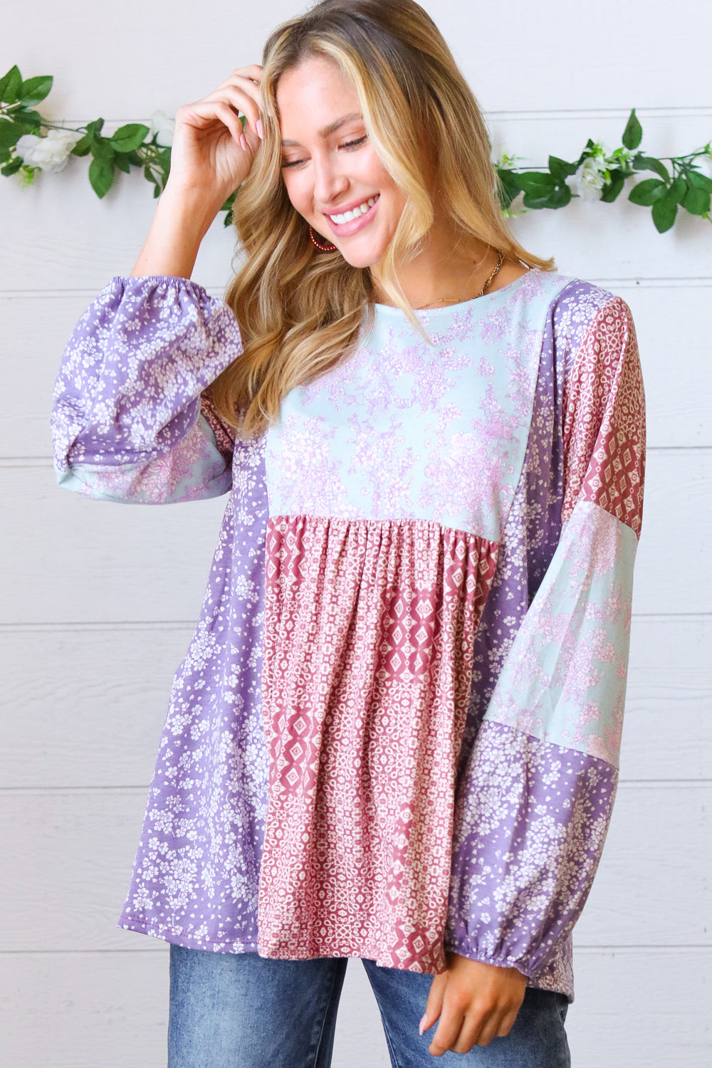 Lavender & Mauve Floral Color Block Top