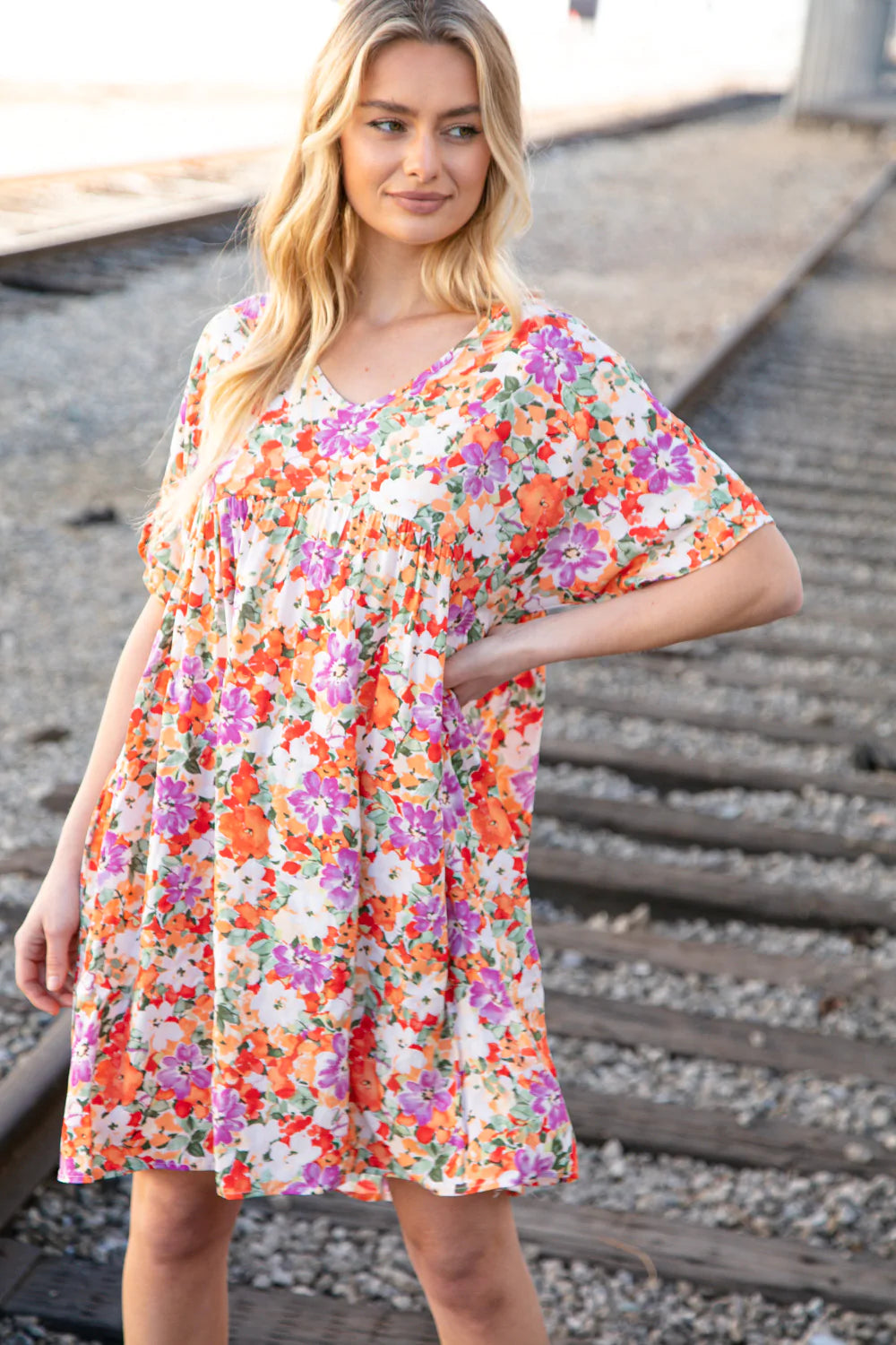 Floral Dolman Yoke Woven Shift Dress with Pockets