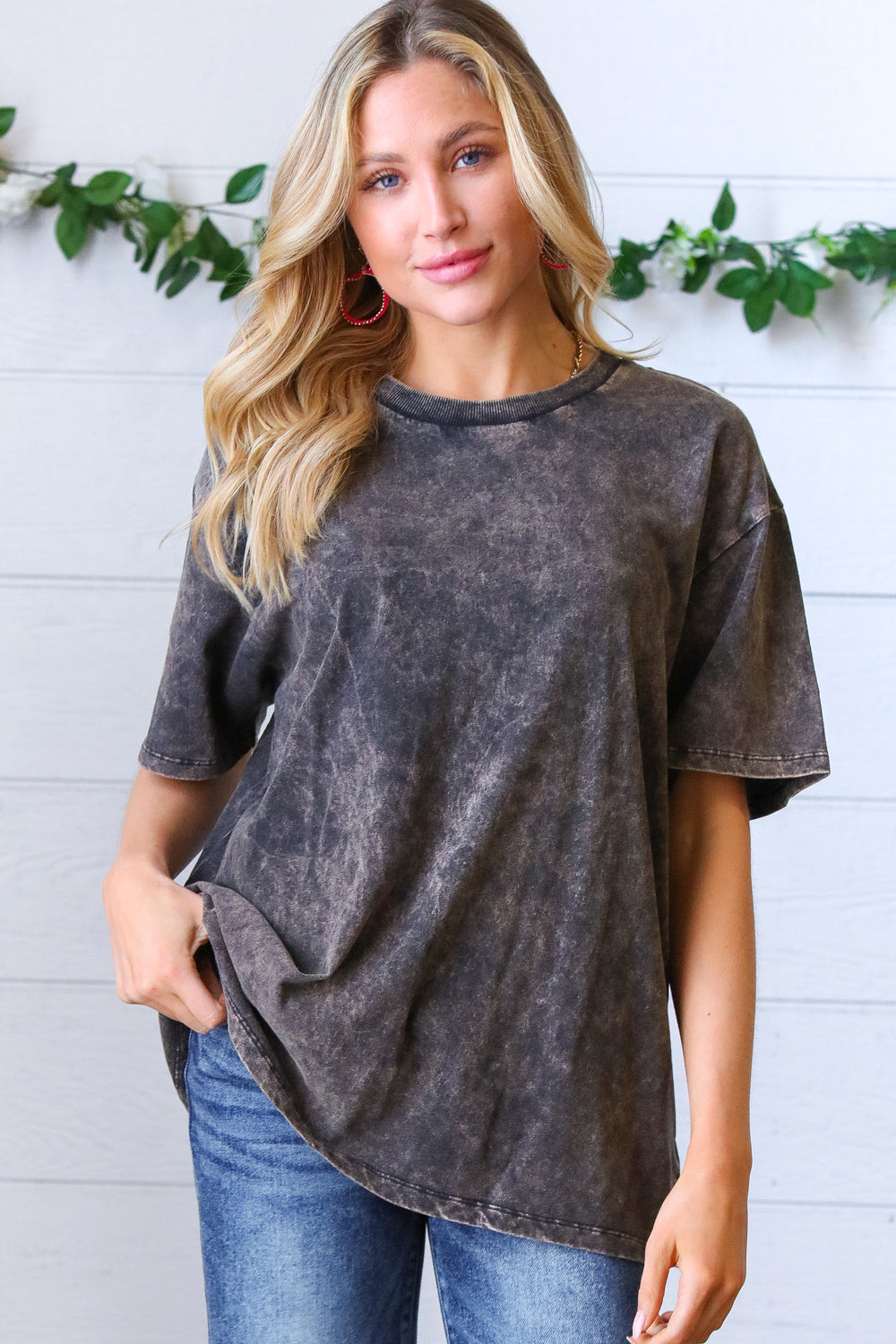 Black Cotton Wash Short Sleeve Crew Neck Top