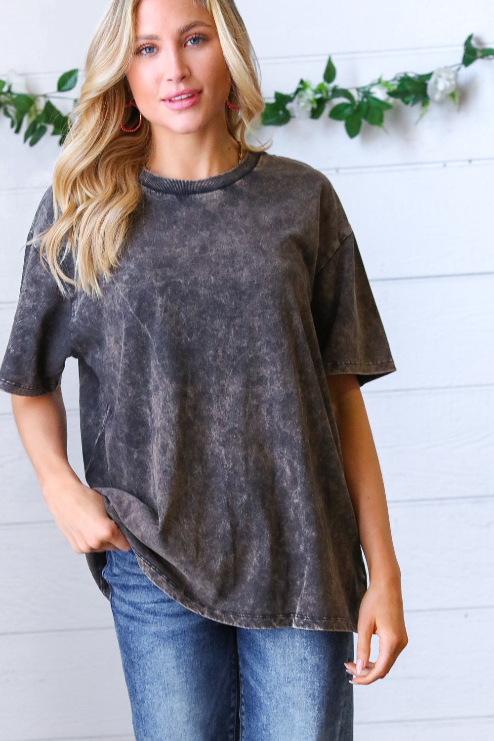 Black Cotton Wash Short Sleeve Crew Neck Top