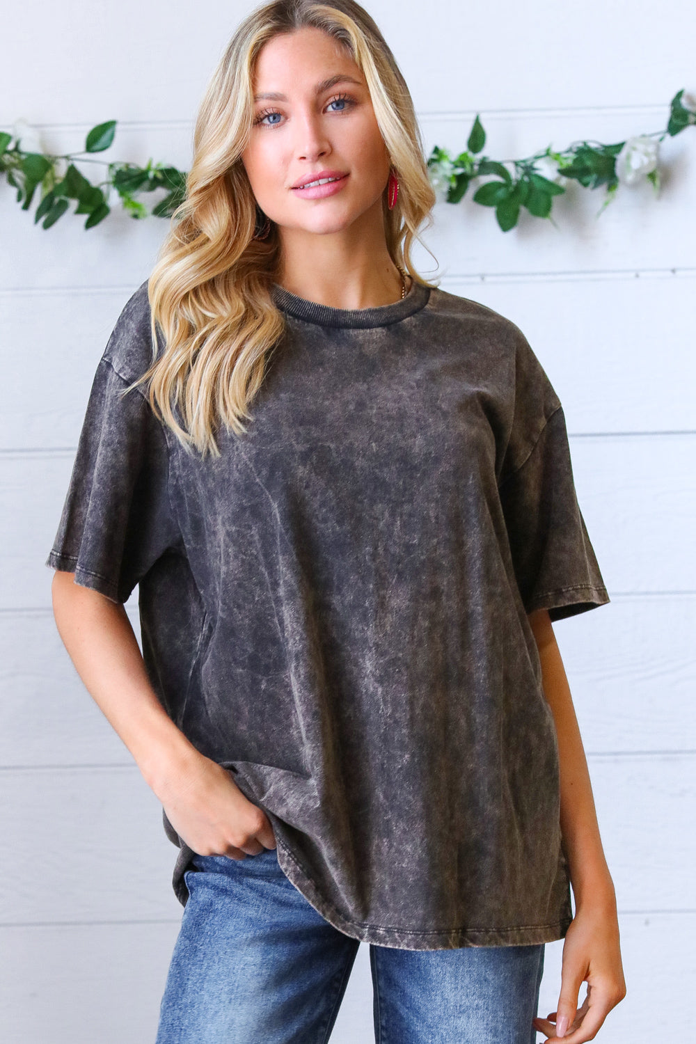 Black Cotton Wash Short Sleeve Crew Neck Top