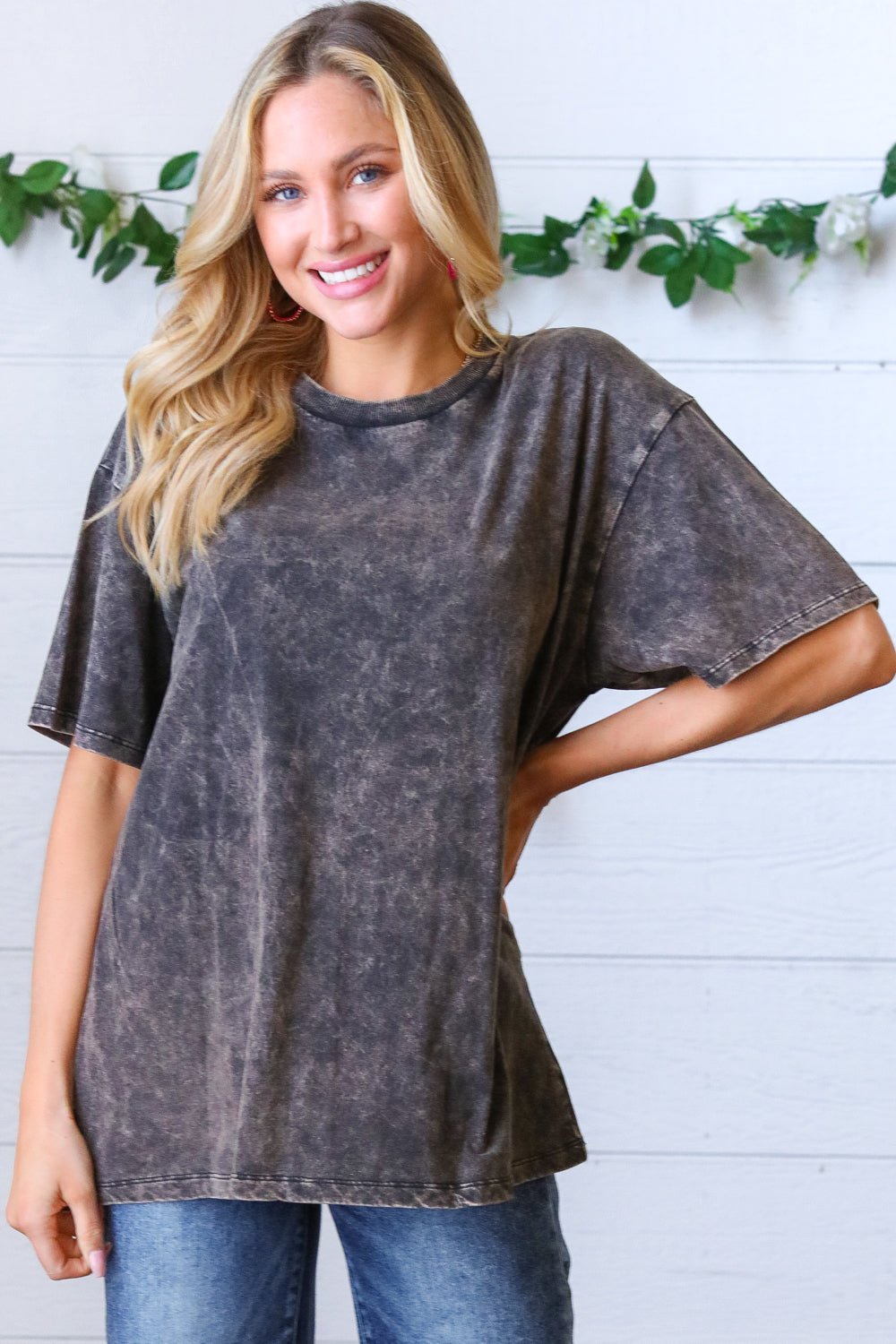 Black Cotton Wash Short Sleeve Crew Neck Top