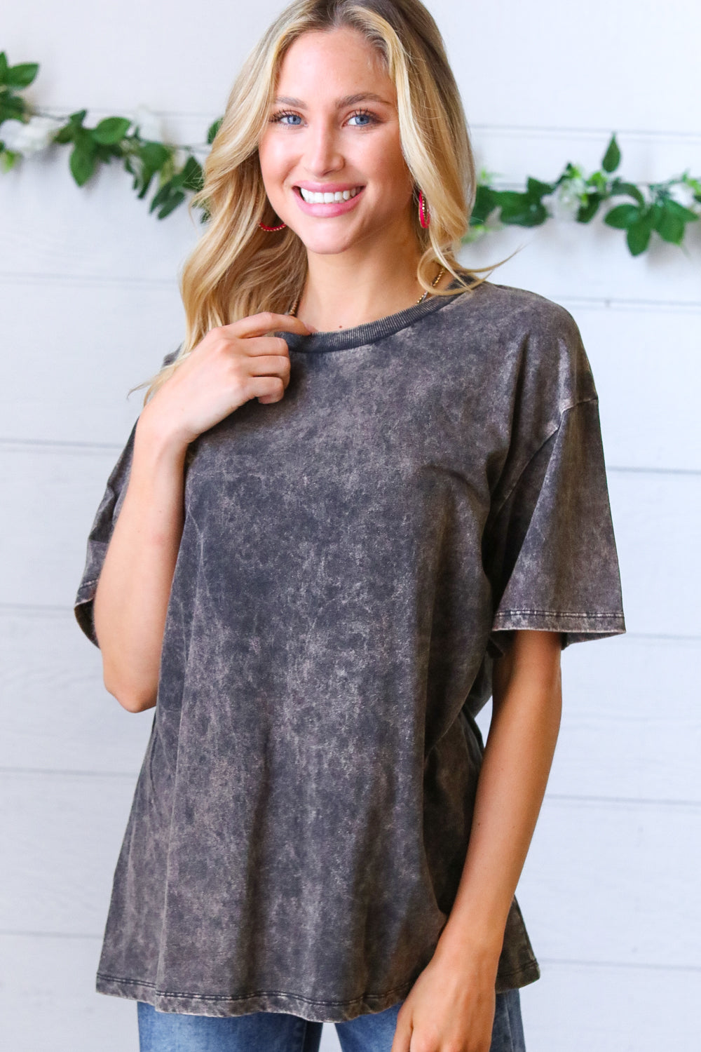 Black Cotton Wash Short Sleeve Crew Neck Top