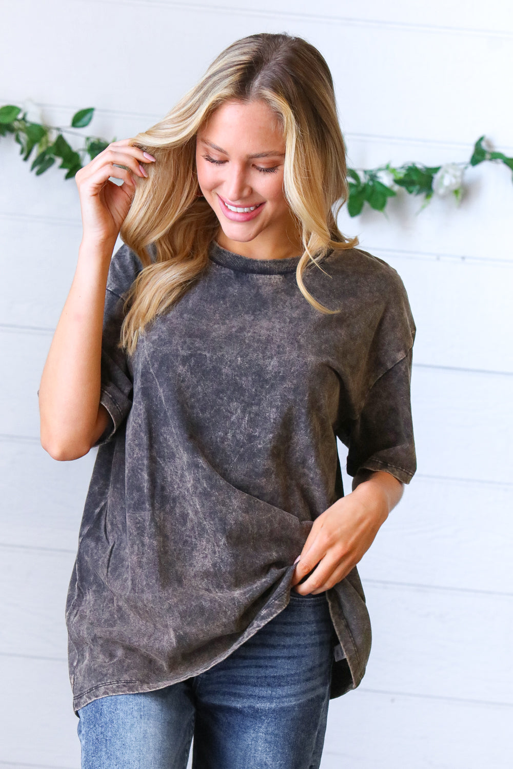 Black Cotton Wash Short Sleeve Crew Neck Top