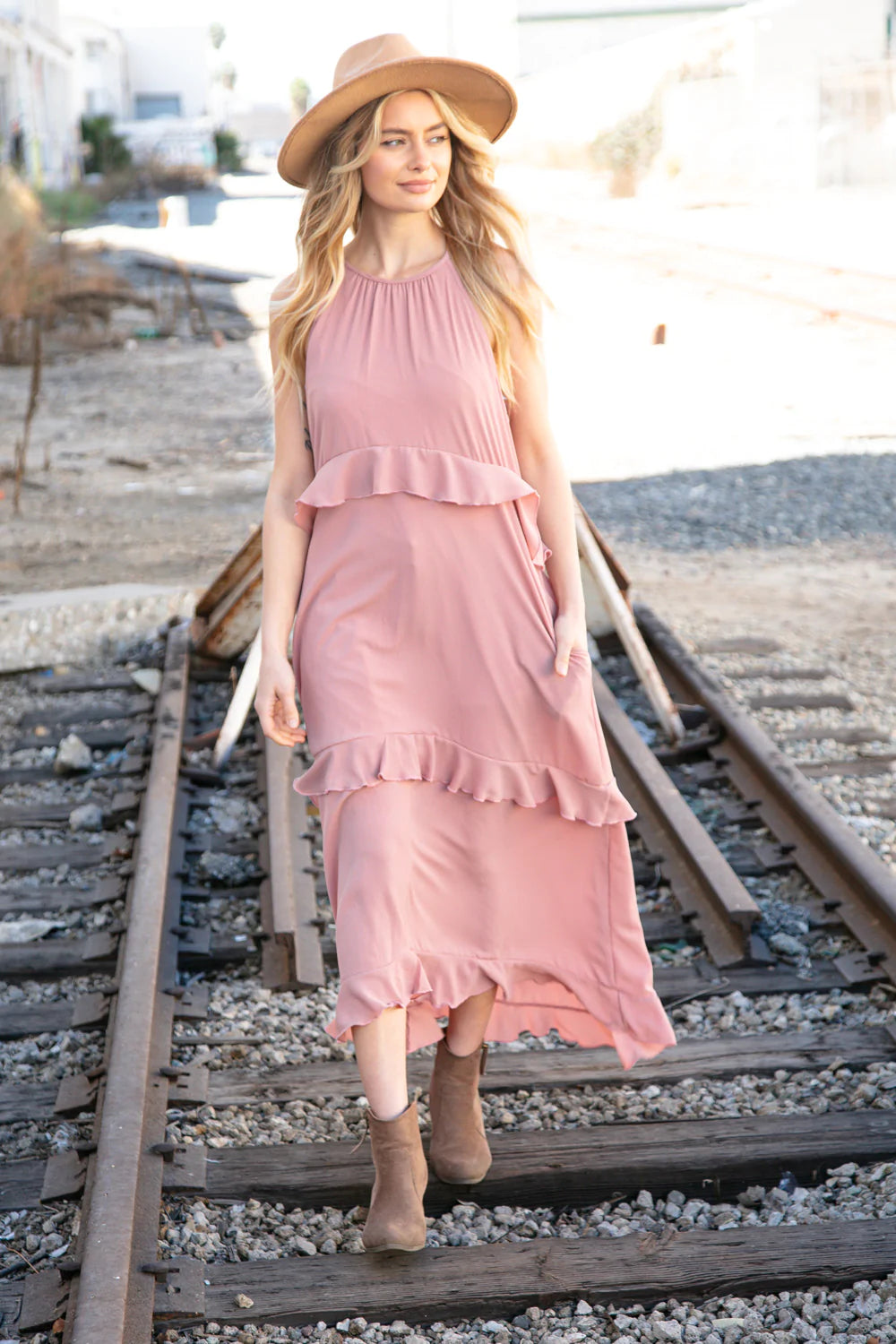 Dusty Rose Halter Neck Hi-Lo Ruffle Tiered Maxi Dress